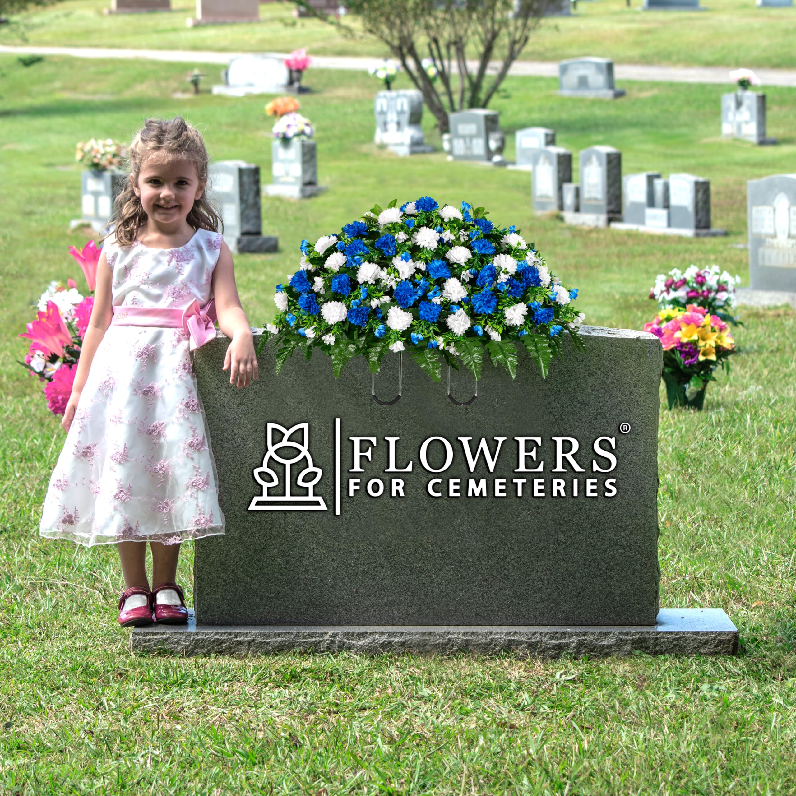 Sympathy Silks Artificial Cemetery Flowers - Bright Sapphire Blue and White Garden Mums - 30