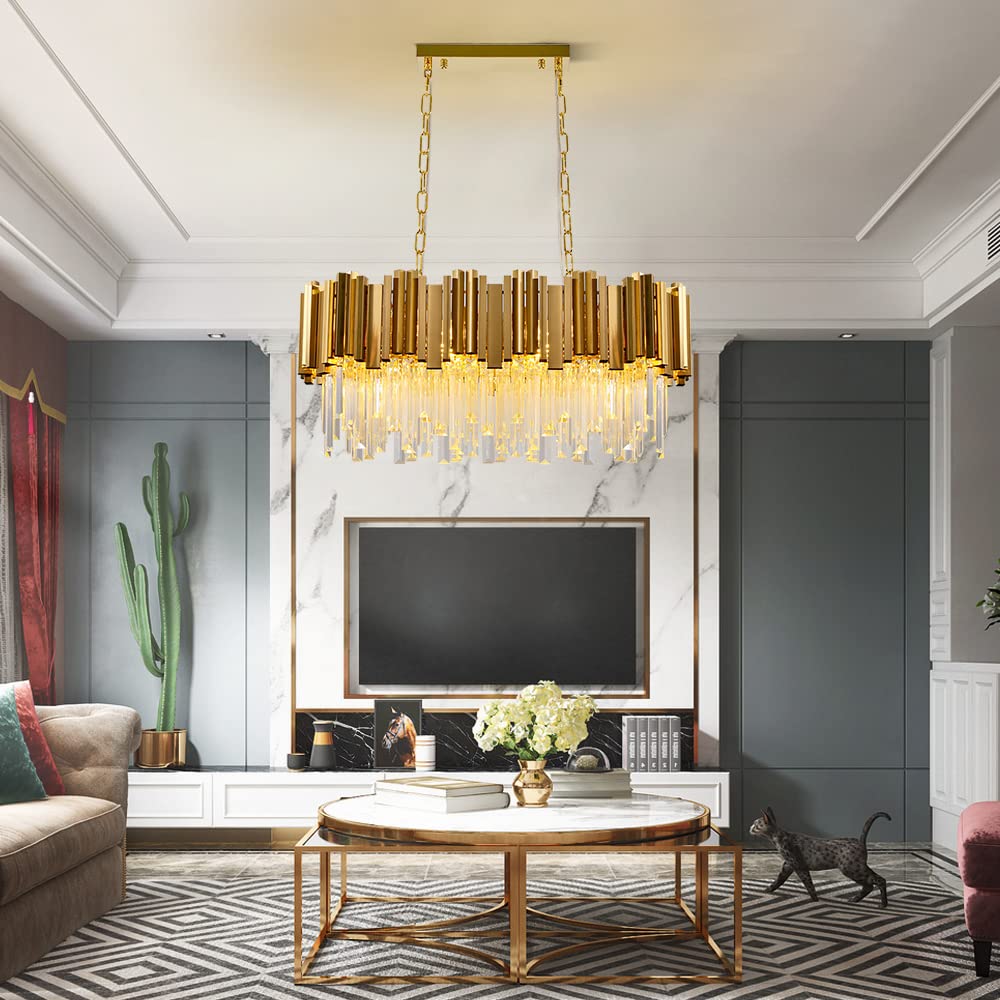 WABON Modern Crystal Chandelier - Gold Raindrop Rectangle Ceiling Light Fixture for Living Room, Dining Room & Kitchen Island | Antique Gold Finish | Elegant Lighting for Home Decor, Wedding Venues & Luxury Spaces