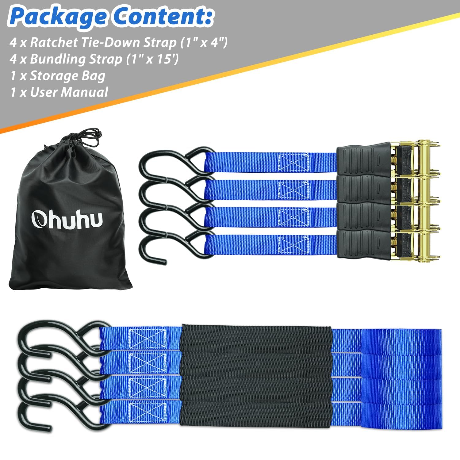 Ohuhu 4-Pack Heavy Duty Ratchet Straps - 500 lbs Capacity, 1500 lbs Break Strength - Secure Motorcycle, Appliances & Cargo - Blue Tie Down Straps for Moving, Trucking & Logistics