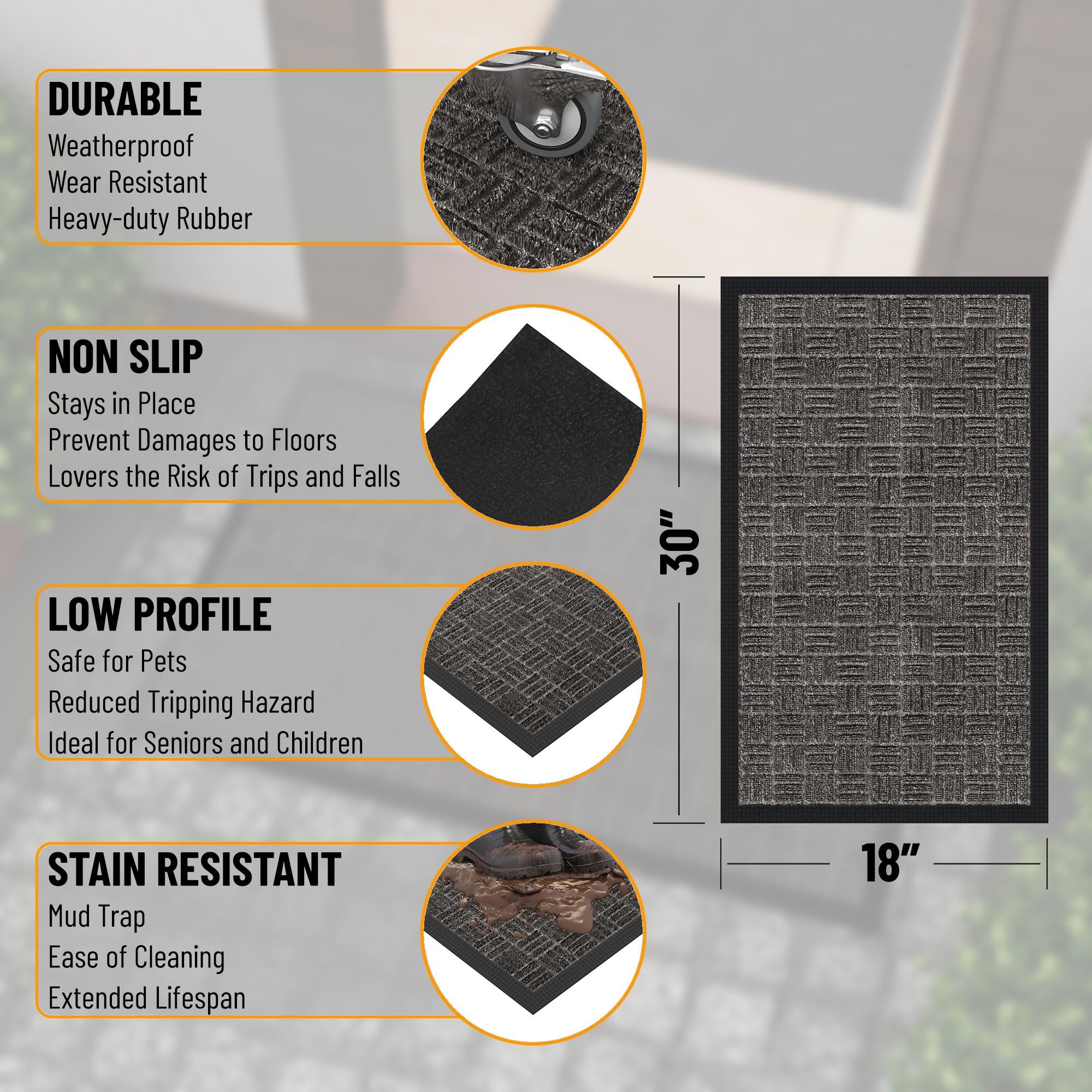 Sweet Home Stores Waterproof Ribbed Rubber Mat - Indoor/Outdoor Non-Slip Rug for Kitchen, Entryway, Living Room & Office - 18