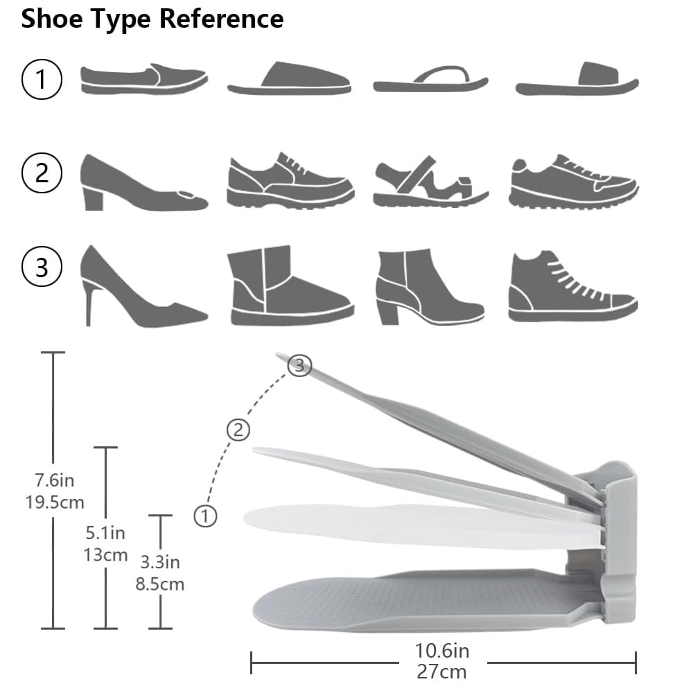 10-Pack Adjustable Shoe Rack Organizer for Closet - Space Saving Gray Shoe Storage Shelves for Sneakers, Heels & Boots | Perfect for Bedroom, Entryway & Walk-in Closet Organization
