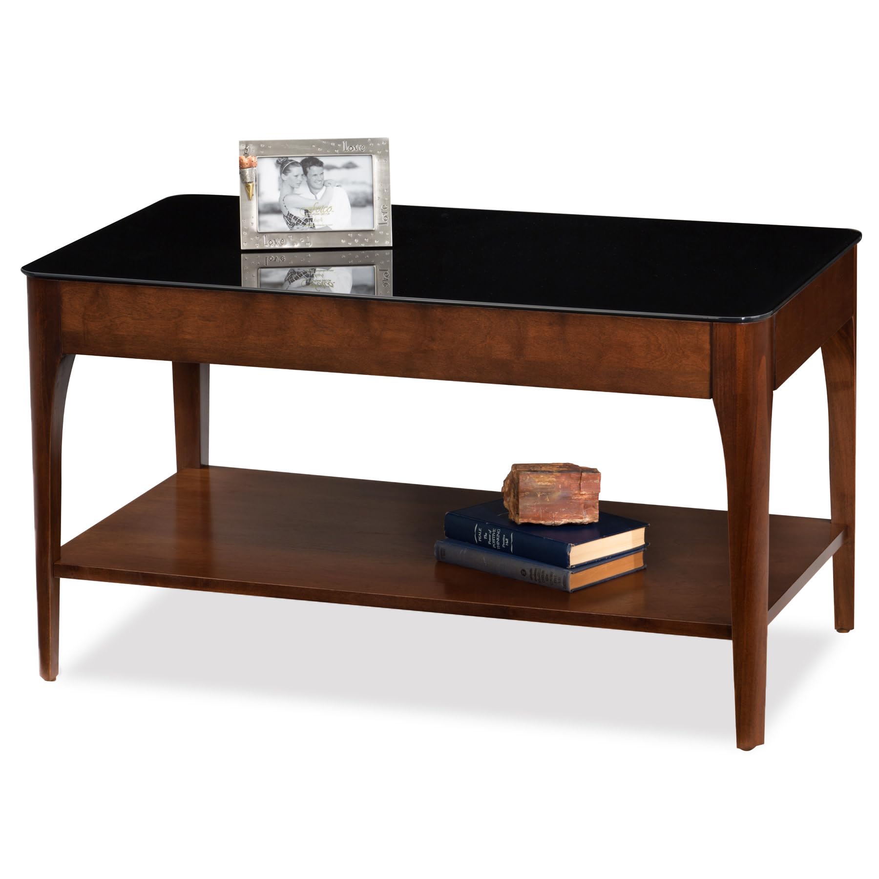 Leick Home 11103 Modern Glass Top Coffee Table with Shelf - Obsidian Black & Chestnut Finish for Living Room, Apartment & Condo - Perfect for Small Spaces, Entertaining & Storage Solutions