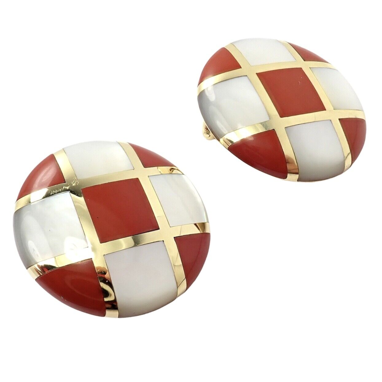 Tiffany & Co Cummings 18k Gold Mother of Pearl Carnelian Checkerboard Earrings - Luxury Jewelry for Women, Perfect for Weddings, Parties & Special Occasions