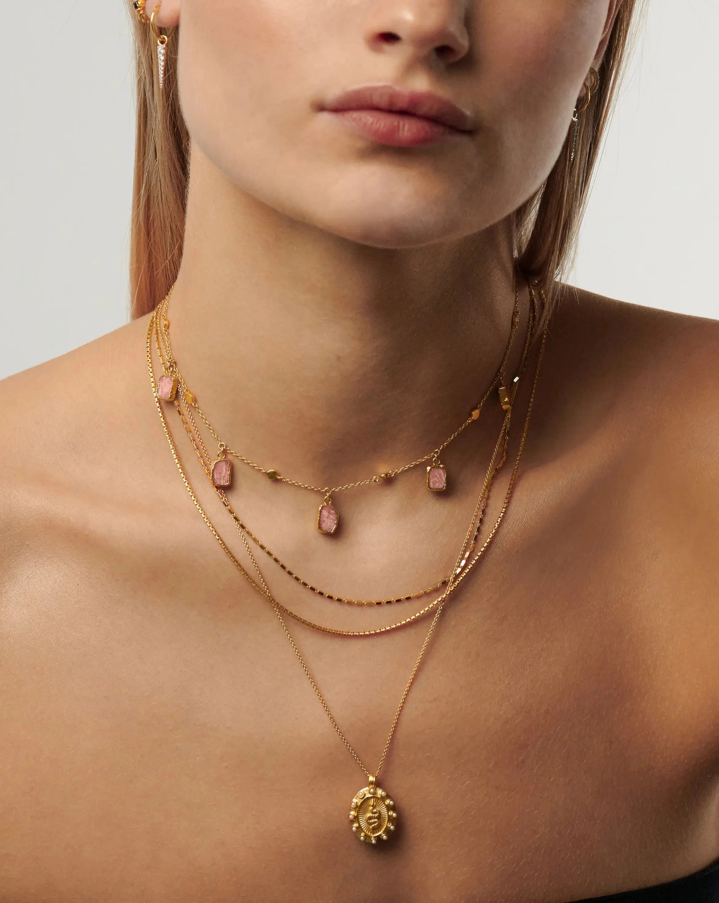 Lena Charm Choker Necklace - 18k Gold Plated Rose Gold with Genuine Rhodochrosite Stone - Elegant Layering Jewelry for Women, Perfect for Date Night & Special Occasions