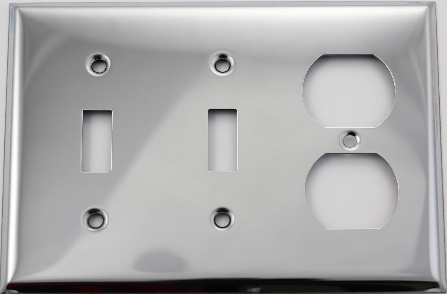 Polished Chrome 3 Gang Wall Plate with 2 Toggle Switches & 1 Duplex Outlet - Electrical Cover for Home, Office & Commercial Use