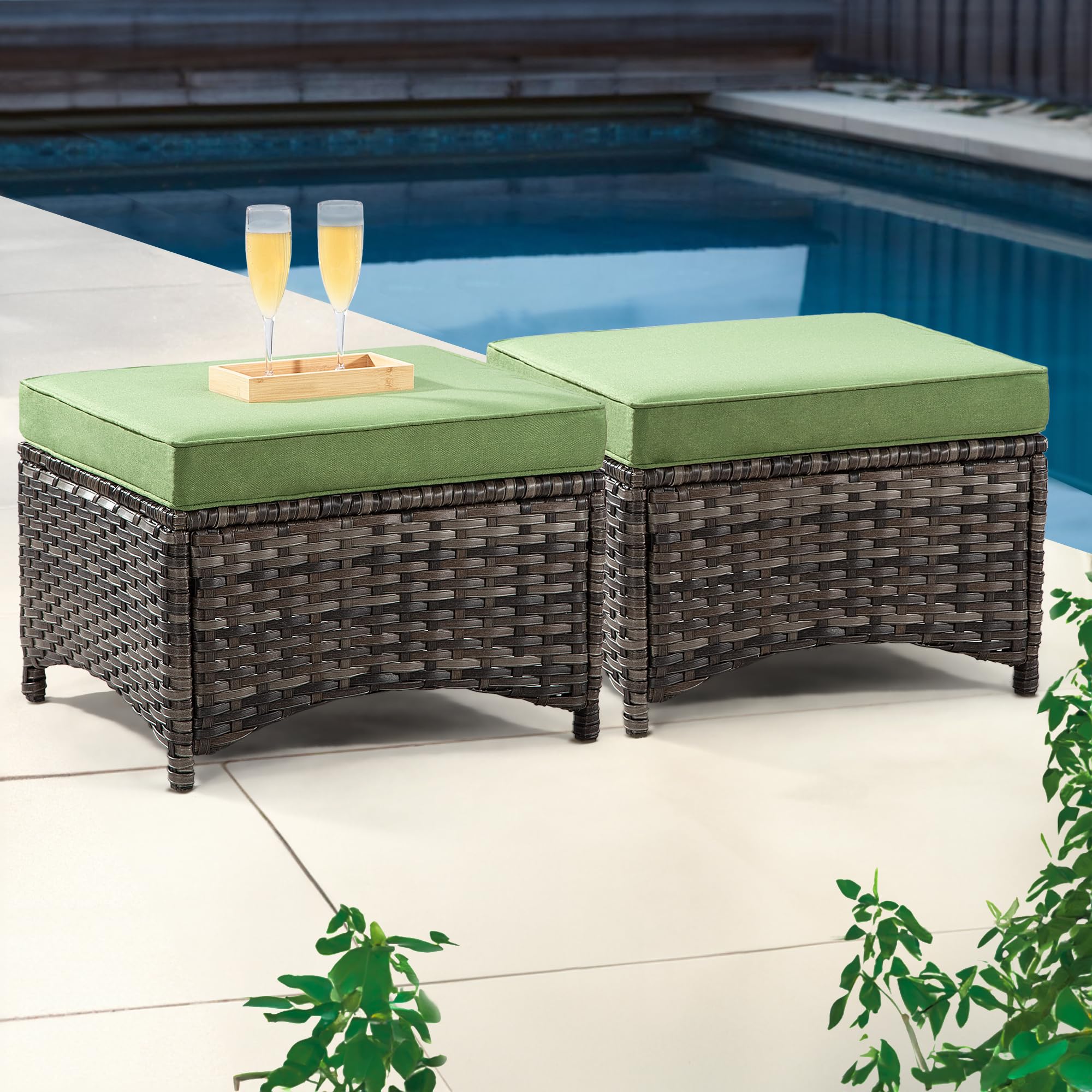 Joyside Outdoor Ottomans Set of 2 - PE Wicker Steel Frame Patio Footstools with Removable Olefin Cushions - Waterproof Garden Stools for Backyard, Deck, Poolside & Outdoor Living Spaces - Green
