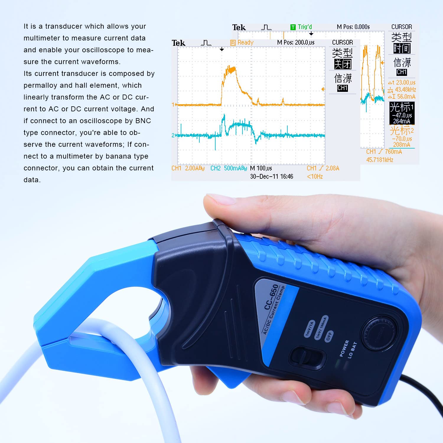AC/DC Current Clamp Meter for Oscilloscope - 40KHz Bandwidth, 1mV/10mA Sensitivity, 650A Capacity with BNC Plug (CC-650) - Perfect for Electrical Testing, Automotive Diagnostics & Industrial Maintenance