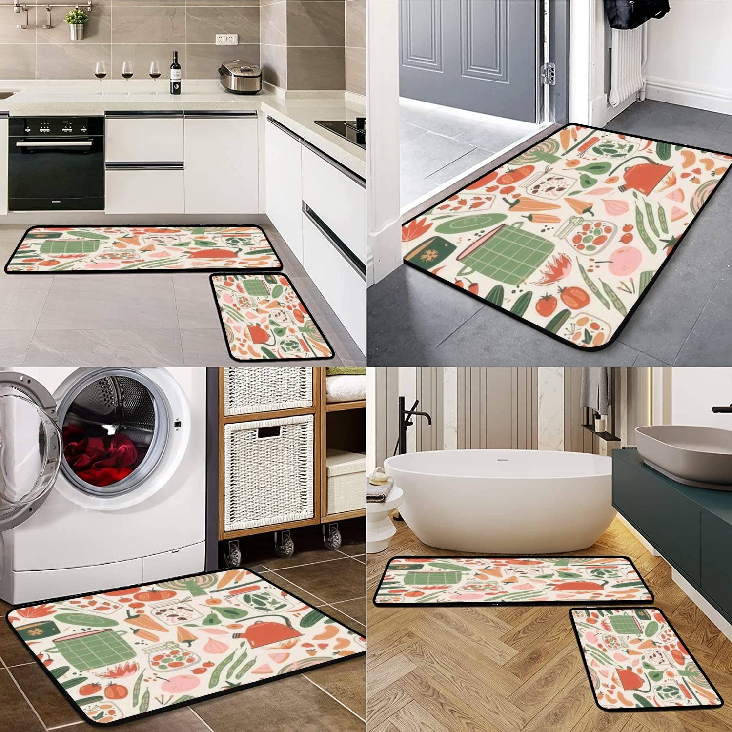 Non-Slip Washable Kitchen Rugs Set - 3-Piece Canning & Food Prep Mats with Seamless Design for Floors, Jars, Fruits - Anti-Fatigue Standing Mat, Decor Runner for Kitchen, Bath & Entryway - Perfect for Cooking, Canning & Comfortable Standing