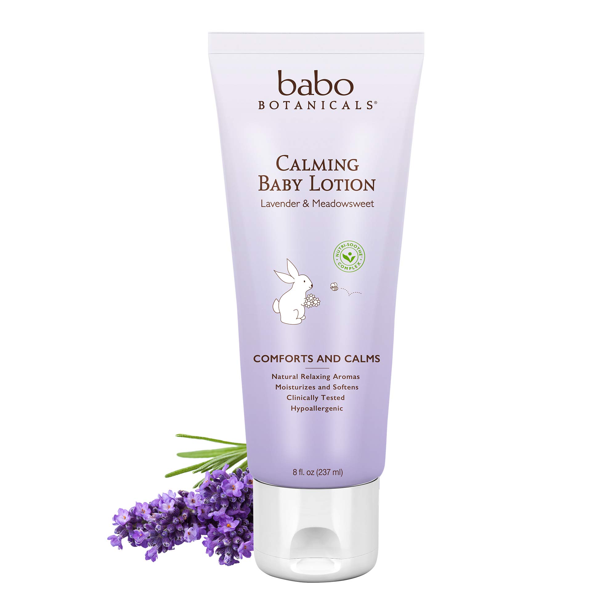Babo Botanicals Calming Baby Lotion with French Lavender & Organic Meadowsweet | Hypoallergenic, Non-Greasy, Vegan Moisturizer for Sensitive Skin | 8 oz | Perfect for Bedtime, Diaper Changes & Dry Skin Relief