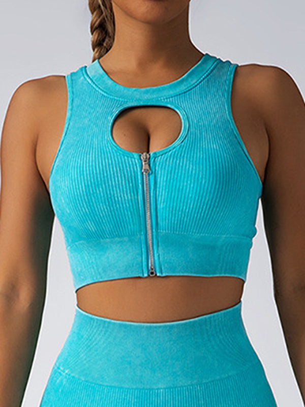 ZASUWA Women's Ribbed Zipper Hollow Out Denim Sports Bras - Sexy Workout Top for Yoga, Gym & Streetwear Fashion