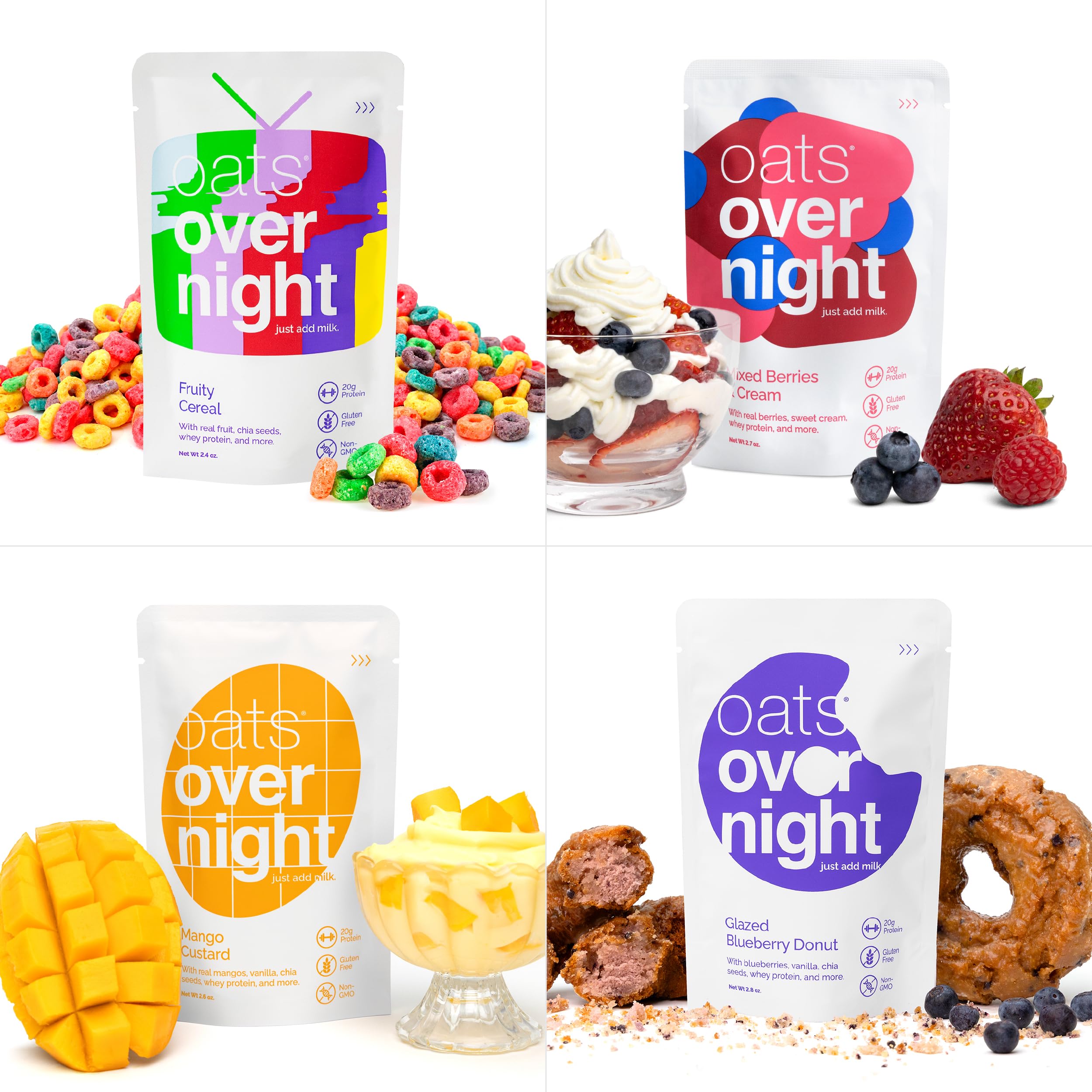 Oats Overnight Fruit Variety Pack - High Protein & Fiber Gluten-Free Breakfast Shake | Non-GMO Oatmeal with Fruity Cereal & Chocolate Banana Flavors (8 Pack) - Perfect for Busy Mornings, Post-Workout Recovery & Healthy On-the-Go Meals
