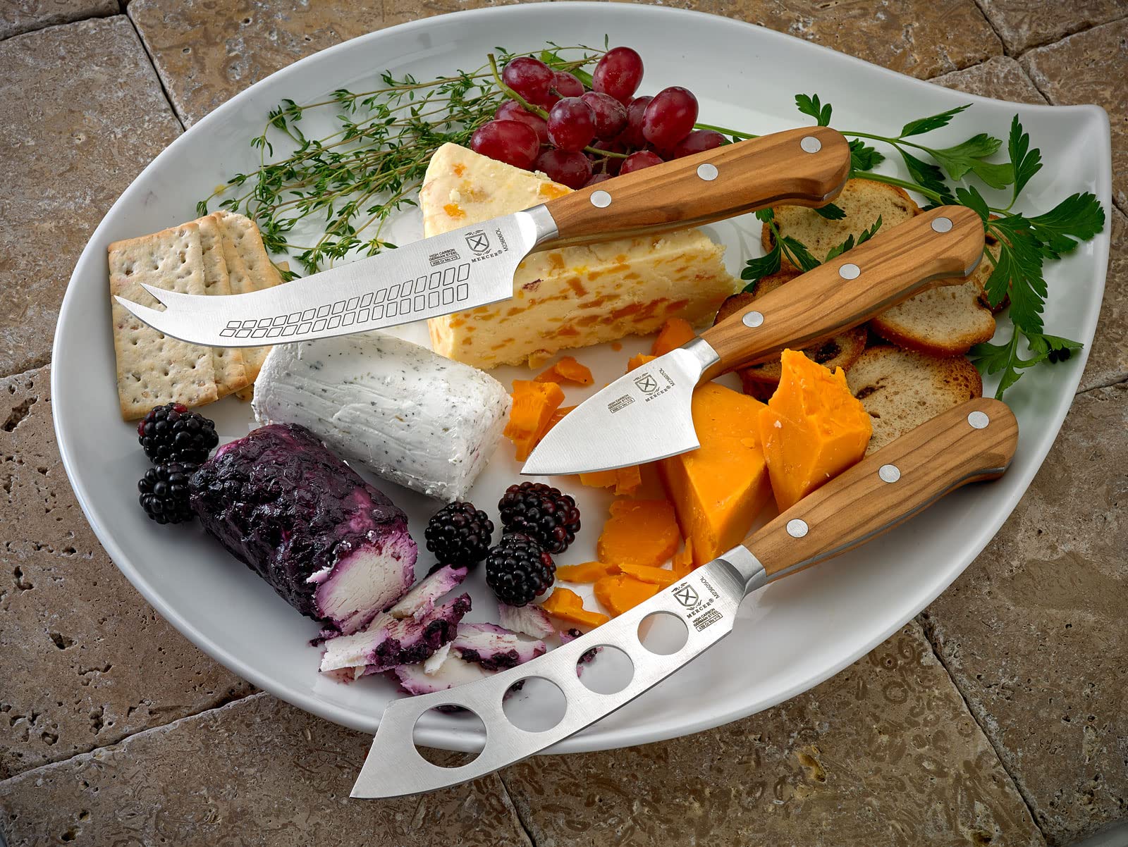 Premium Mercer Culinary Renaissance Olive Wood Cheese Knife Set - 3-Piece Handcrafted Cheese Cutting Board & Knives for Entertaining, Charcuterie Boards & Gourmet Cheese Platters
