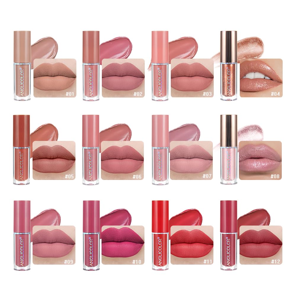 Anglicolor Long-Lasting Lip Gloss Set - 12 Highly Pigmented Vegan & Cruelty-Free Lipsticks, Non-Stick Cup, Smooth Application, No Flaking - Perfect for Daily Wear, Parties & Special Occasions (12PCS)