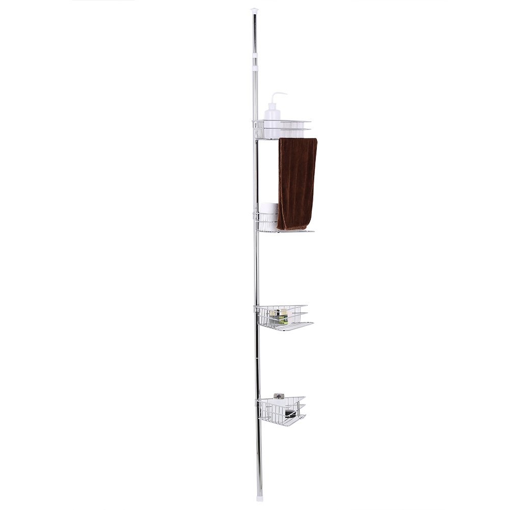 Adjustable Metal Tension Shower Corner Pole with 4 Baskets - Bathroom Storage Shelf Organizer for Shampoo, Soap & Toiletries - Perfect for Small Spaces, Apartments & RV Showers