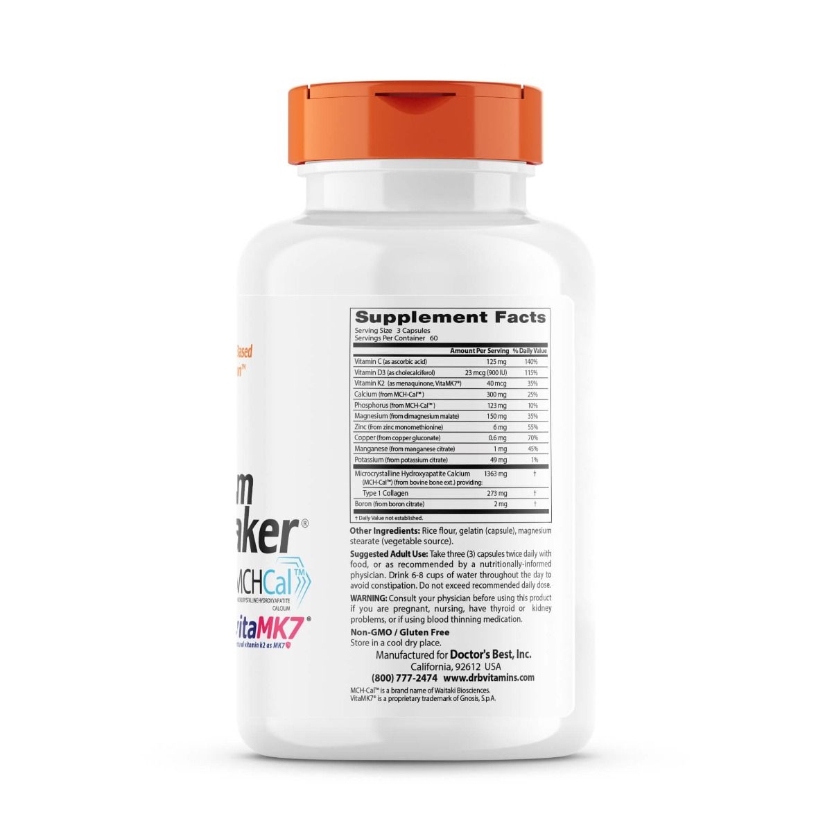 Doctor's Best Calcium Bone Maker Complex with MCHCal & VitaMK7 - 180 Capsules | Supports Bone Health & Strength | Ideal for Adults & Seniors for Daily Bone Support