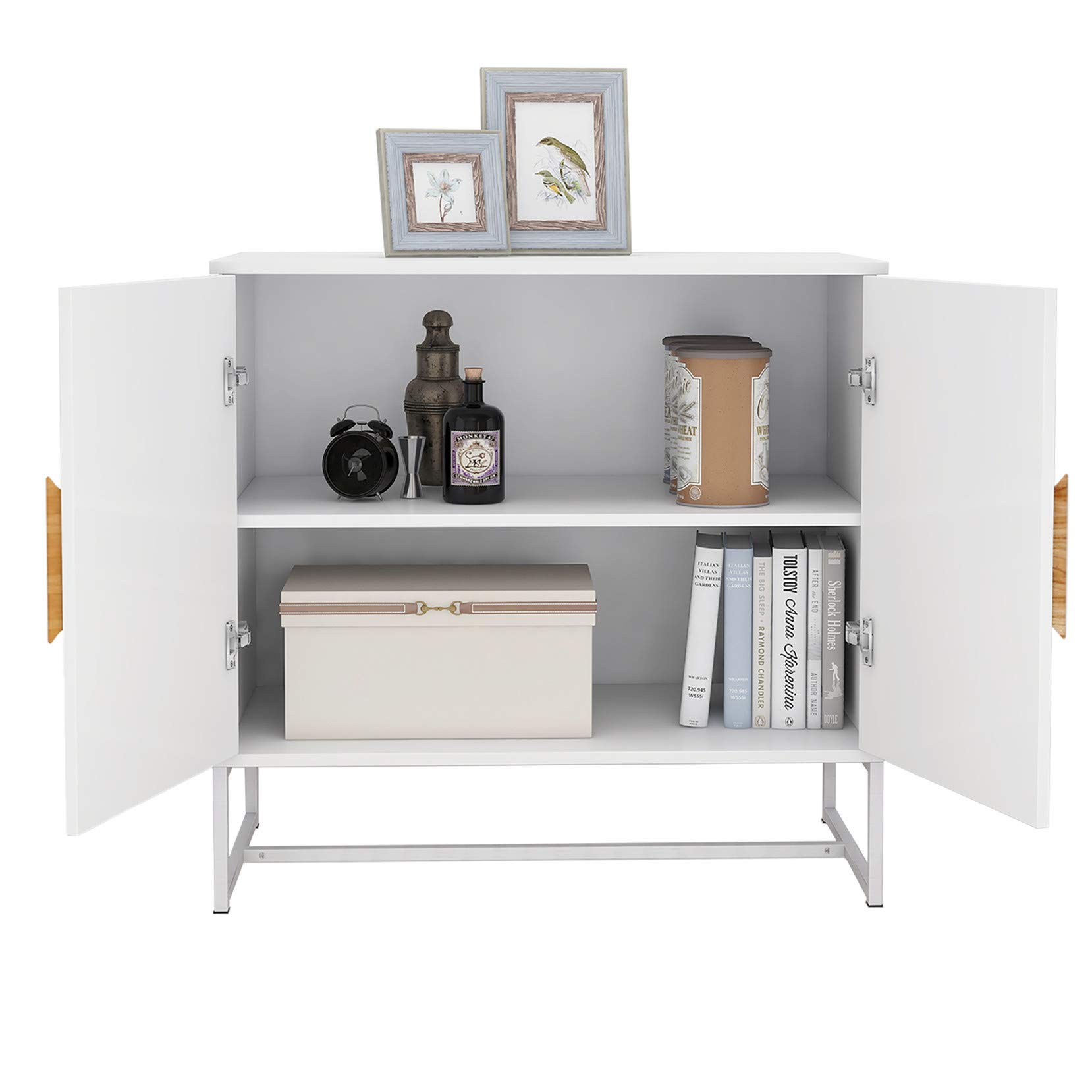 HomVent 2-Door Storage Cabinet with Solid Wood Square Handles - Shoe Organizer, Side Table for Living Room, Office, Bedroom - White | Perfect for Entryway, Closet & Home Organization