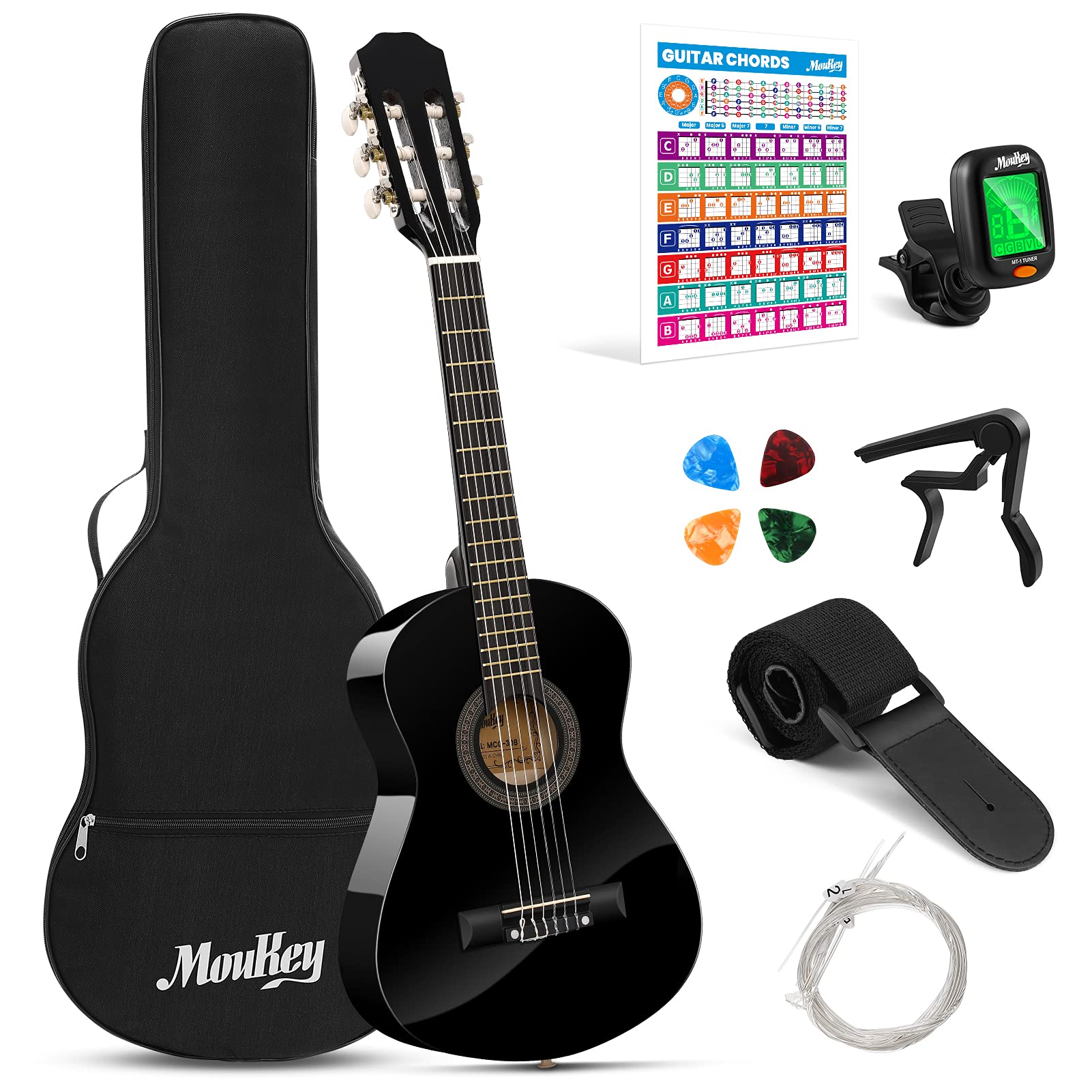 30 Inch Beginner Acoustic Guitar for Kids & Teens - 1/4 Size Classical Nylon String Guitar with Full Starter Kit (Gig Bag, Tuner, Picks, Capo, Strap, Chord Poster) - Perfect for Music Lessons, Home Practice & Travel - Black