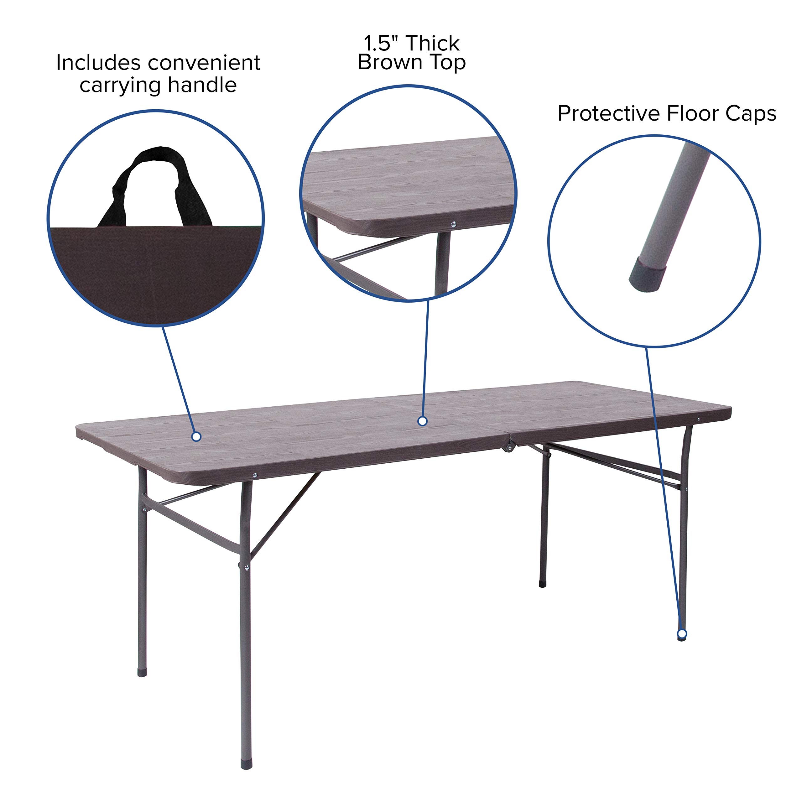 6-Foot Bi-Fold Brown Wood Grain Plastic Folding Table with Carrying Handle - Portable & Sturdy for Parties, Camping, Events & Home Use