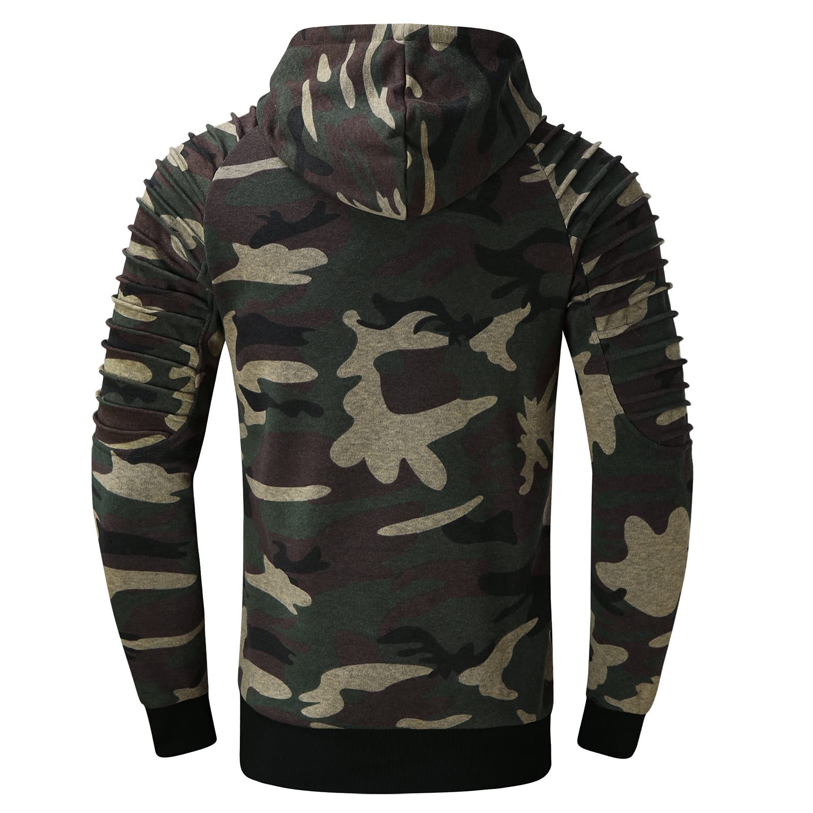 **Men's Raglan Hooded Blouse with Camouflage Sleeves & Pleated Striped Design - Casual Shirts for Streetwear & Outdoor Activities**