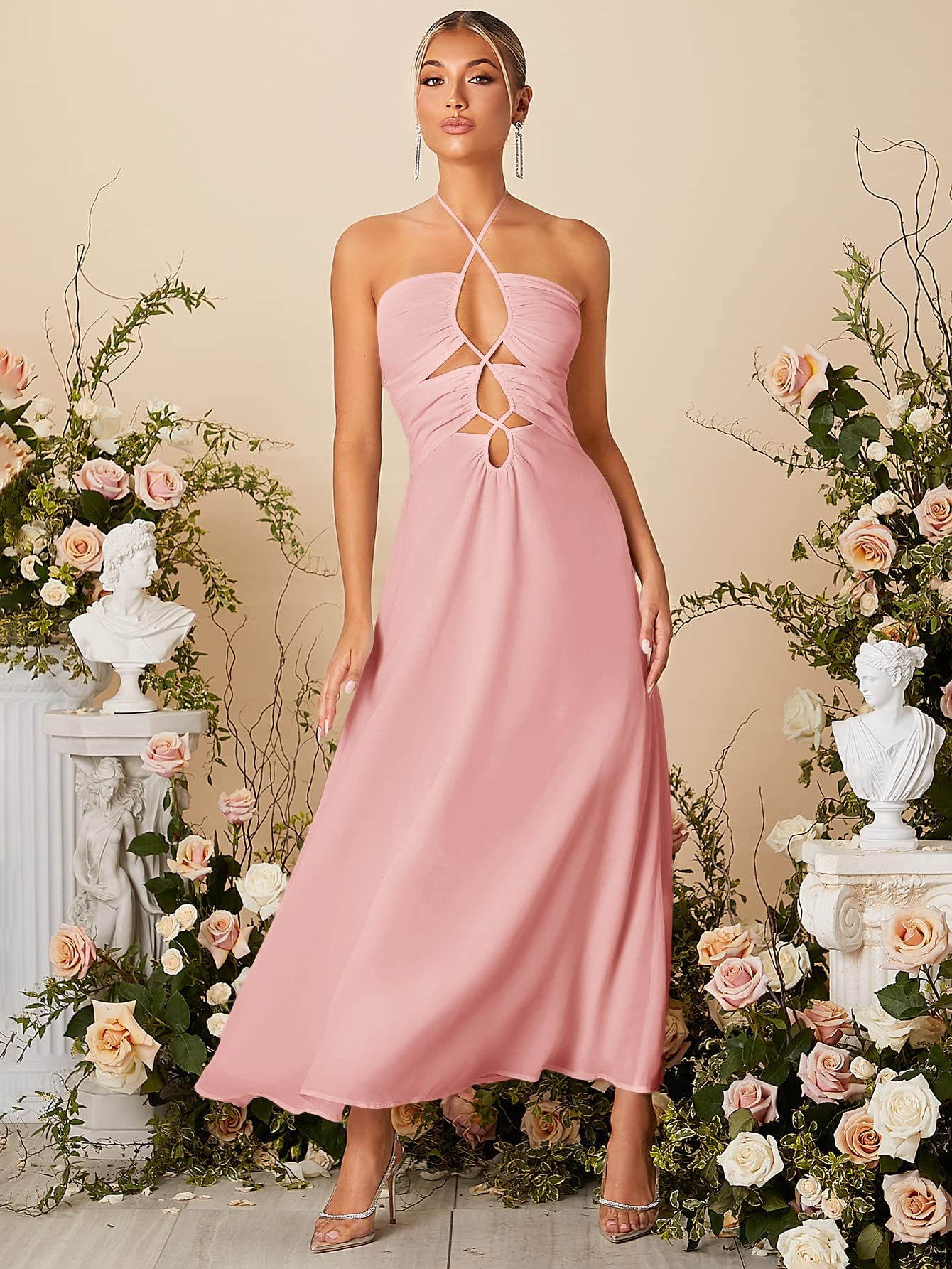Sexy Women's Summer Halter Neck Backless Bodycon Dress - Crisscross Front, Cut Out Design, Long Party Dress for Ladies (Dusty Pink, X-Small) | Perfect for Beach Vacations, Night Out, Club Wear and Special Occasions