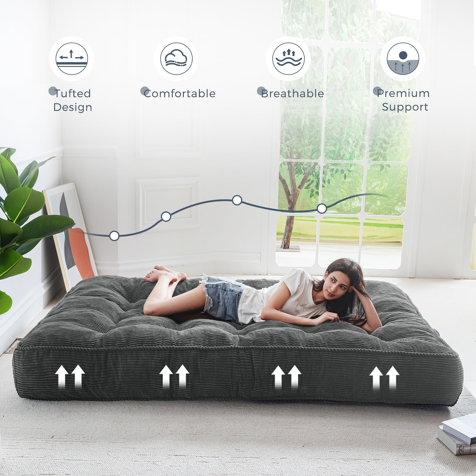 MAXYOYO 8 Inch Tufted Futon Sofa Couch Bed - Thick Corduroy Fabric Floor Mattress for Adults (Mattress Only) in Dark Grey - Perfect for Small Spaces, Guest Rooms & Dorm Rooms