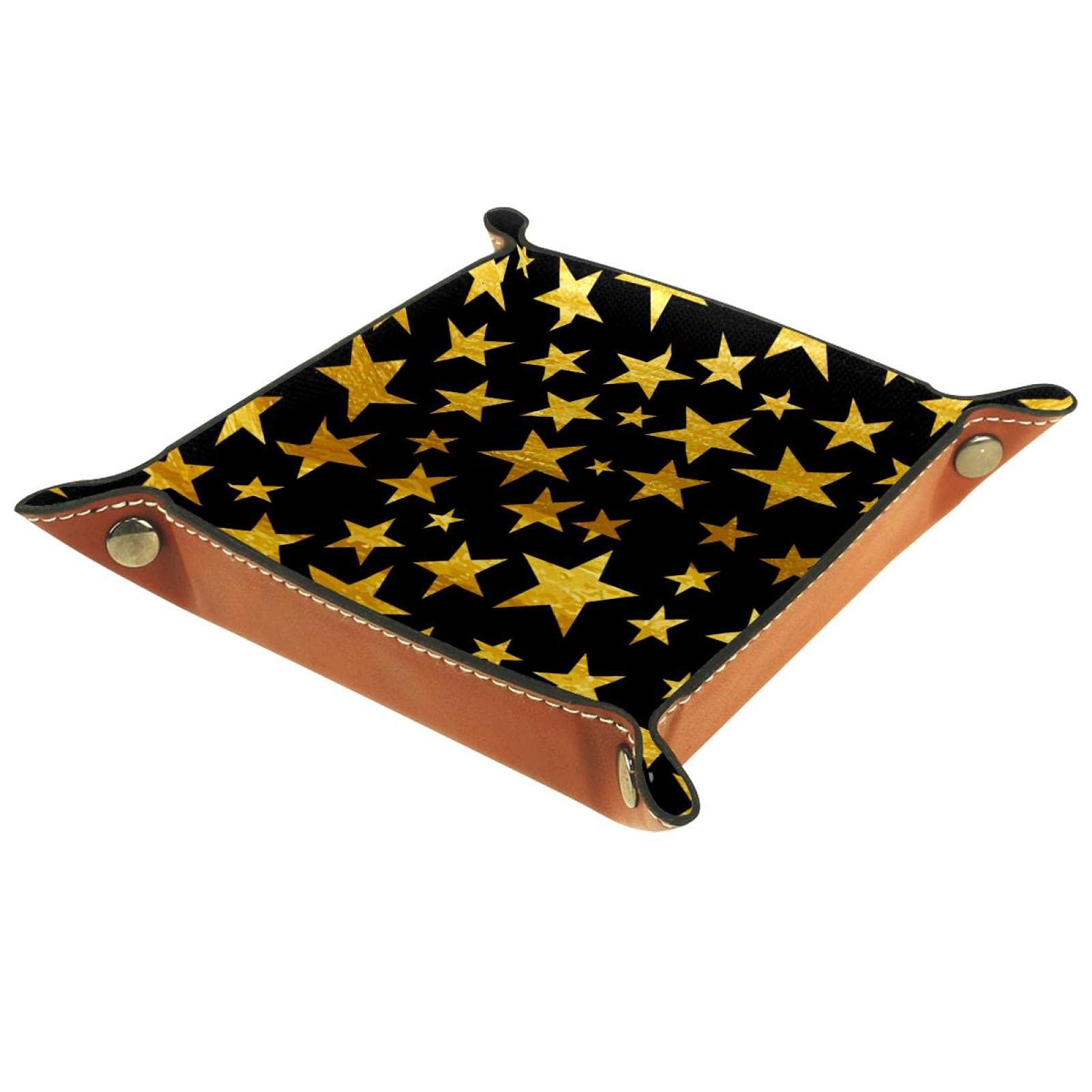 Leather Dice Tray with Storage Compartment - Folding Square Jewelry Organizer for Watches, Keys, Coins & Candy - Black with Golden Stars Design - Perfect for Board Games, Travel & Home Decor