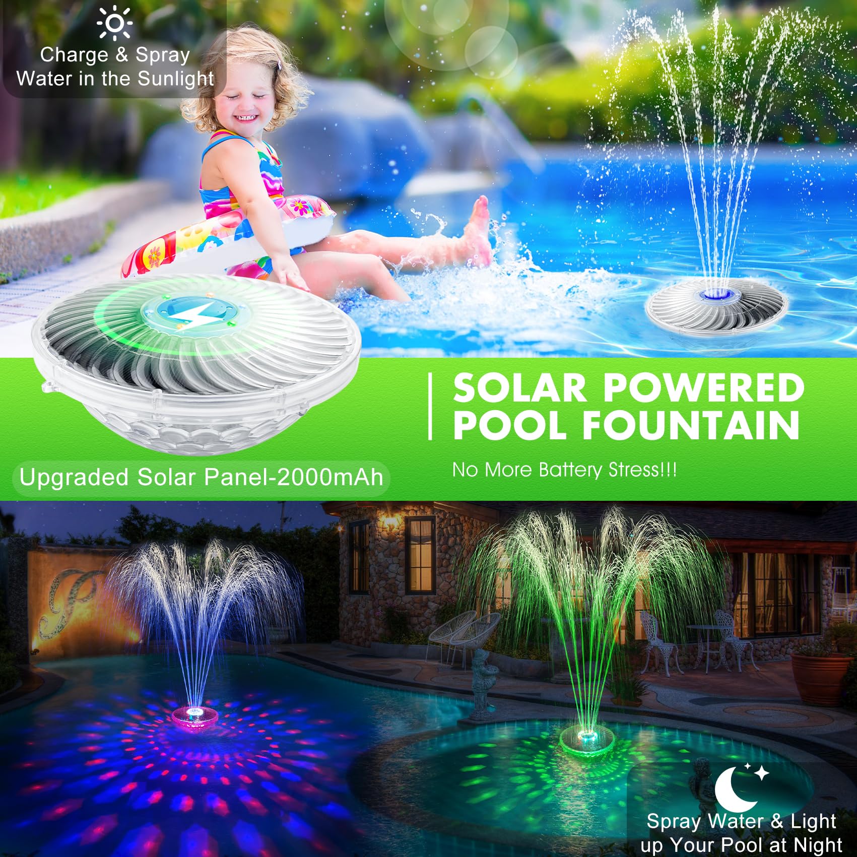 DeeprBetter Solar Pool Fountain with LED Lights - High Efficiency Solar Powered Floating Water Fountain Pump for Above Ground Pools - Blue Solar Pool Waterfall & Sprinkler - Perfect for Backyard, Garden & Patio Decor