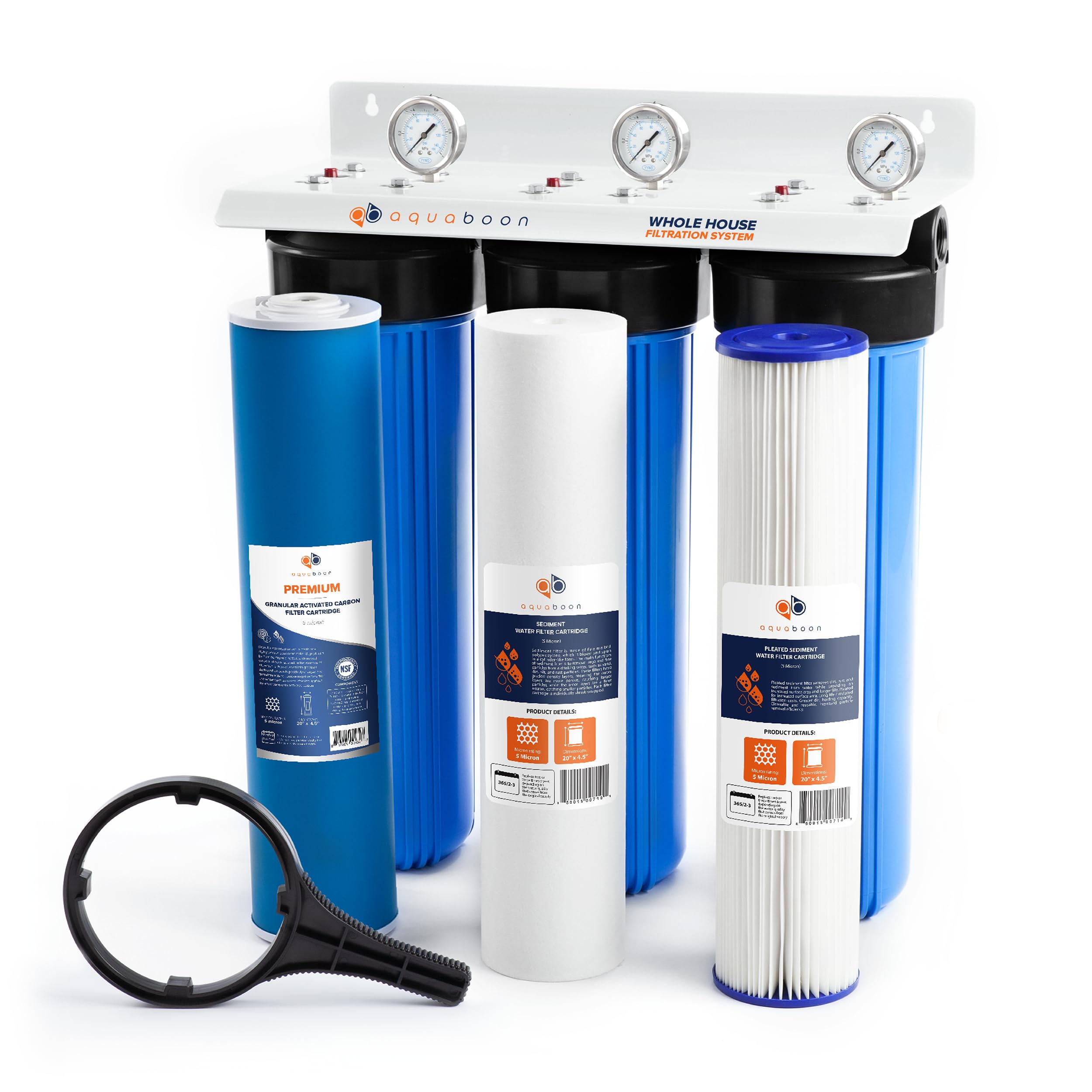 Aquaboon 3-Stage Whole House Water Filtration System for Well Water - Includes 20