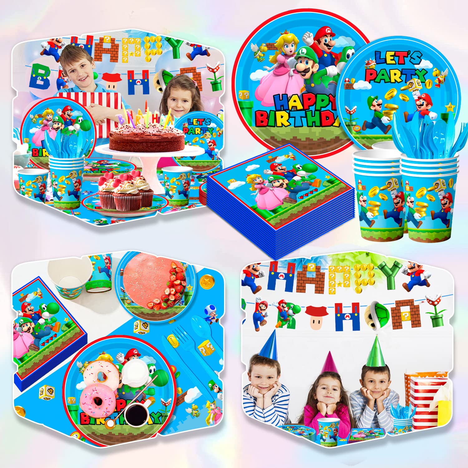 Super Mario Party Supplies 114pcs - Mario Themed Plates, Cups, Napkins, Tablecloth & Birthday Banner - Complete Kids Party Tableware Set for Super Mario Birthday Party Decorations - Perfect for Themed Birthday Parties, Game Nights & Family Gatherings