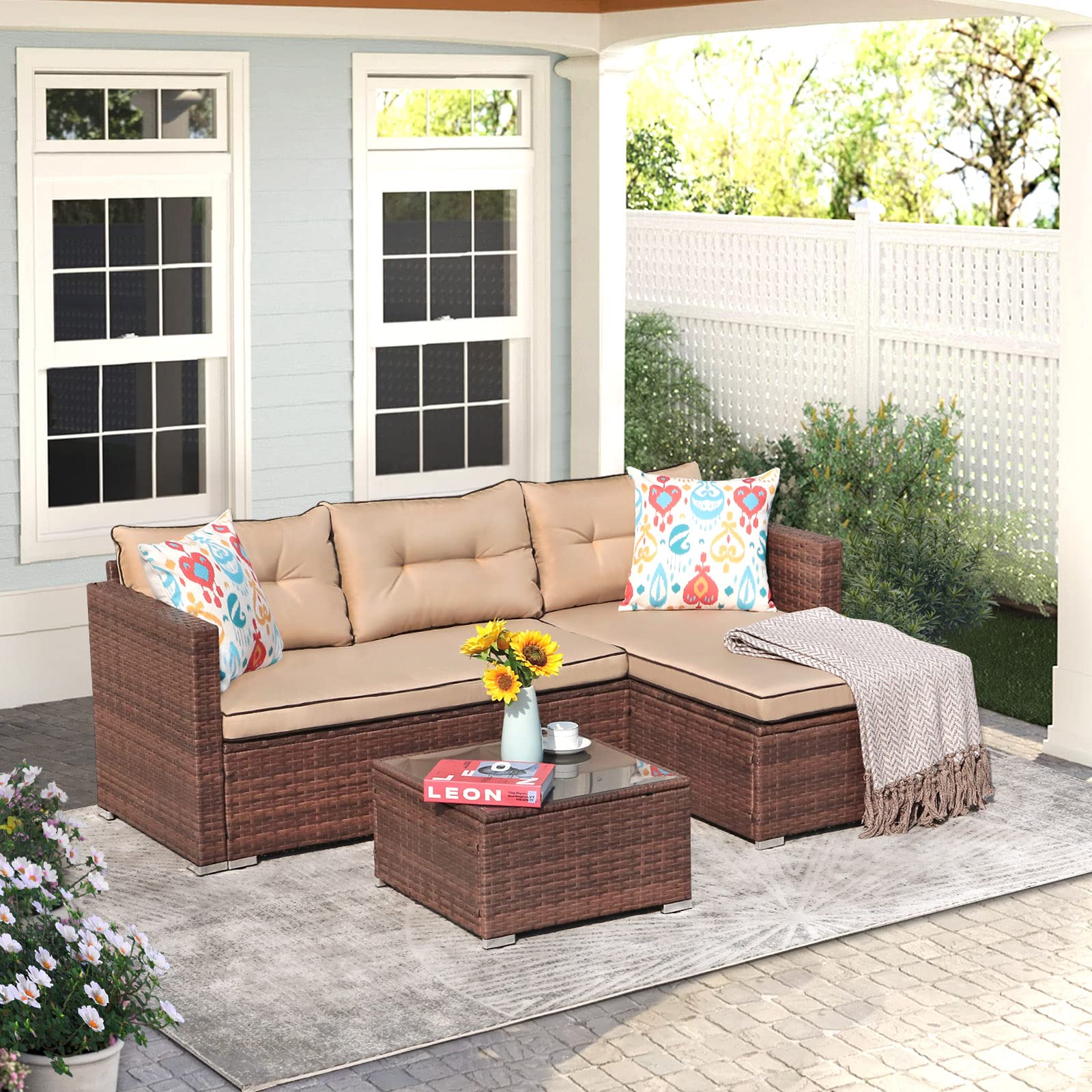 JOIVI 3-Piece Outdoor Patio Furniture Set - All-Weather Wicker Rattan Sectional Sofa with Cushions & Tempered Glass Coffee Table - Beige - Perfect for Backyard, Garden, Poolside & Balcony Relaxation