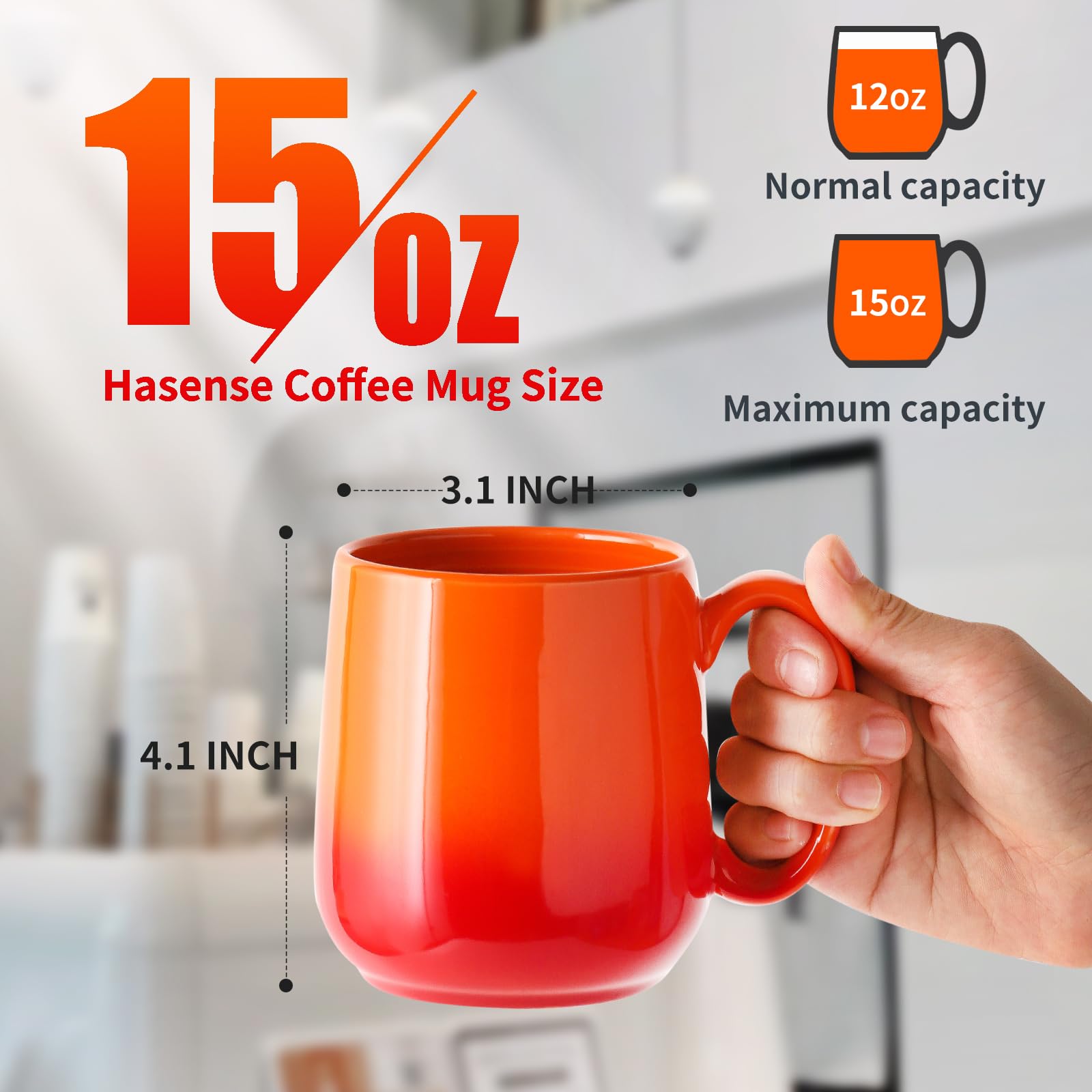 Hasense 15oz Ceramic Coffee Mugs Set of 6 - Large Latte Cups with Handle for Men & Women - Dishwasher & Microwave Safe Gradient Orange Mugs - Perfect for Coffee, Tea, Hot Chocolate & Milk - Ideal for Home, Office & Gifts