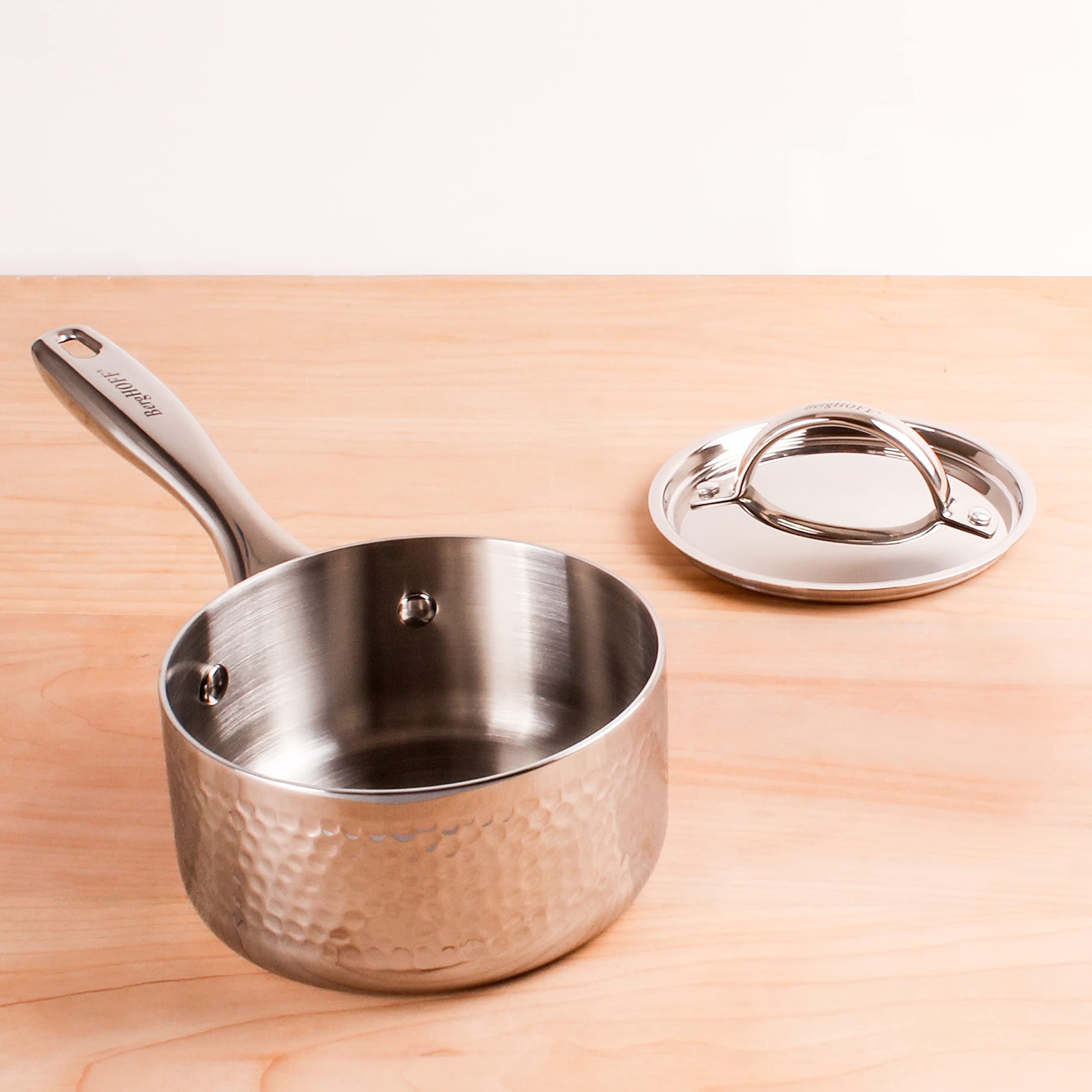 BergHOFF Vintage Tri-Ply 18/10 Stainless Steel Saucepan 3 Quart with Lid - 8 Inch Induction Compatible Cookware, Hammered Finish & Ergonomic Handle - Perfect for Soups, Sauces, and Slow Cooking