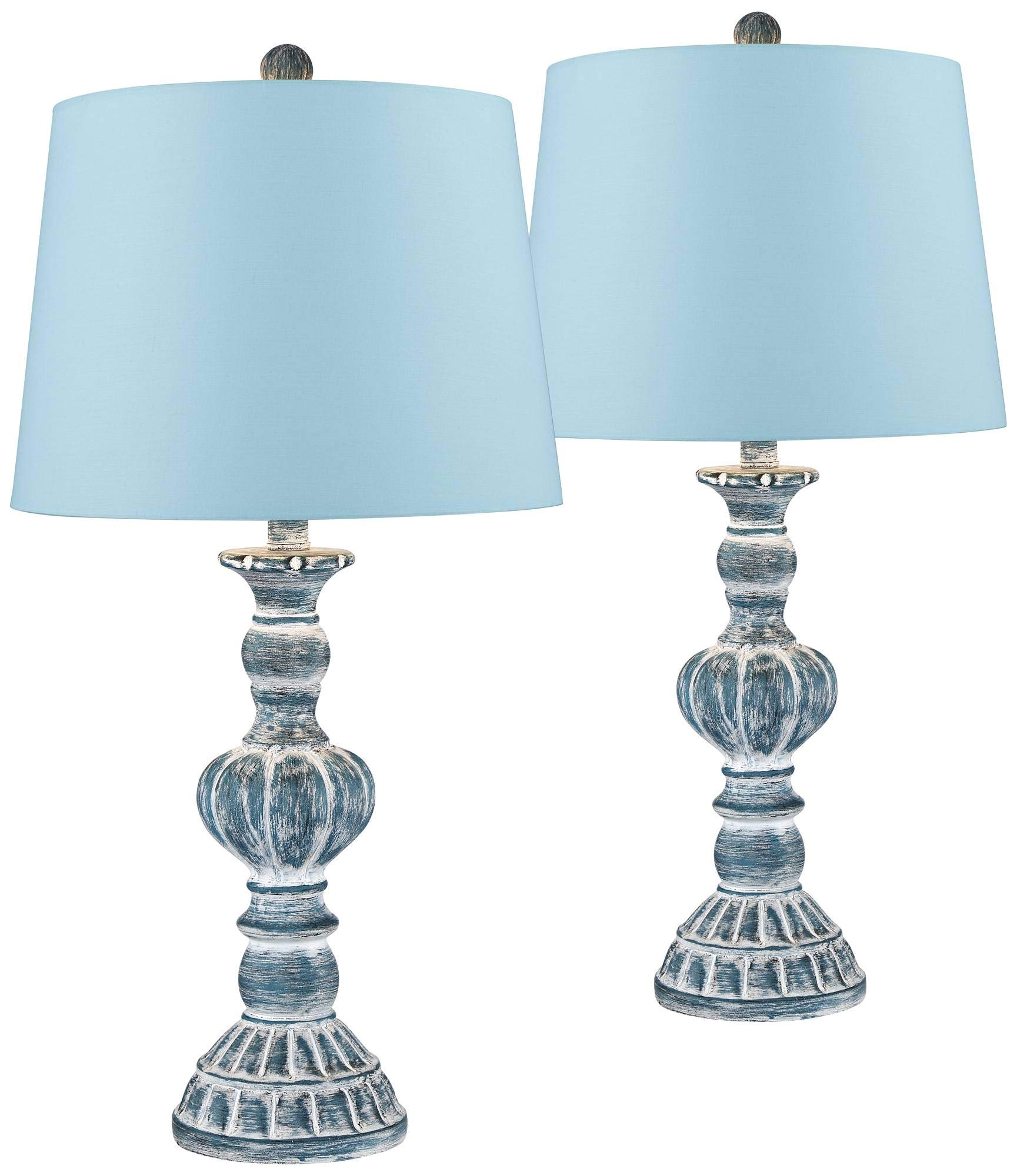 Regency Hill Tanya Traditional Country Cottage Table Lamps - Set of 2 Blue Wash Resin Fabric Drum Shade Lamps, 26.5