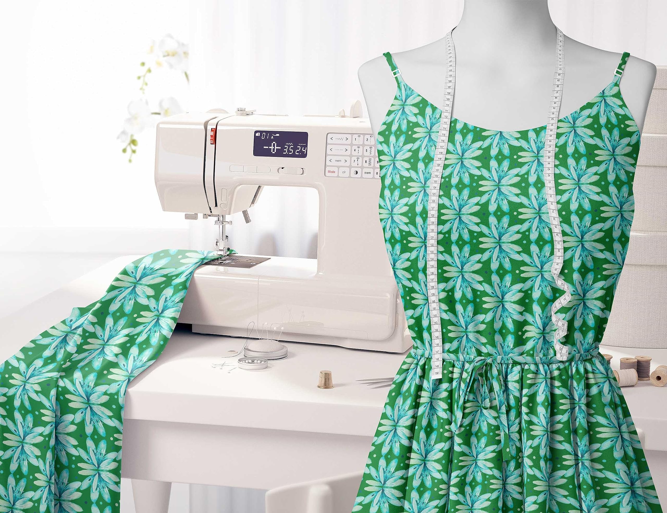Soimoi Moss Green Georgette Fabric by The Yard - 42 Inch Wide Floral Printed Textile with Dots & Petals Design for DIY Fashion, Home Decor, and Craft Projects - Lightweight & Playful Material for Dresses, Curtains, and Scarf Making