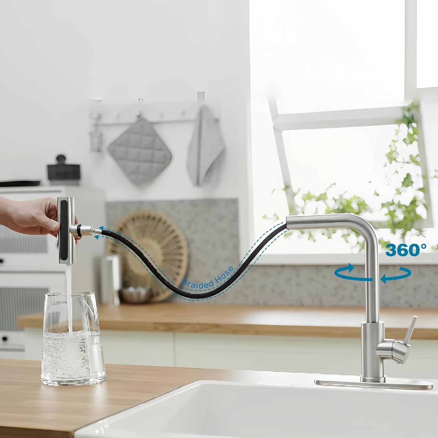 YUUTY Modern Brushed Nickel Kitchen Faucet with Pull Down Sprayer - 360° Swivel Single Handle Waterfall Sink Faucet for 1 or 3 Hole Installation (4 Function Spray Modes) - Perfect for Home Kitchen Renovation & Daily Cooking Tasks