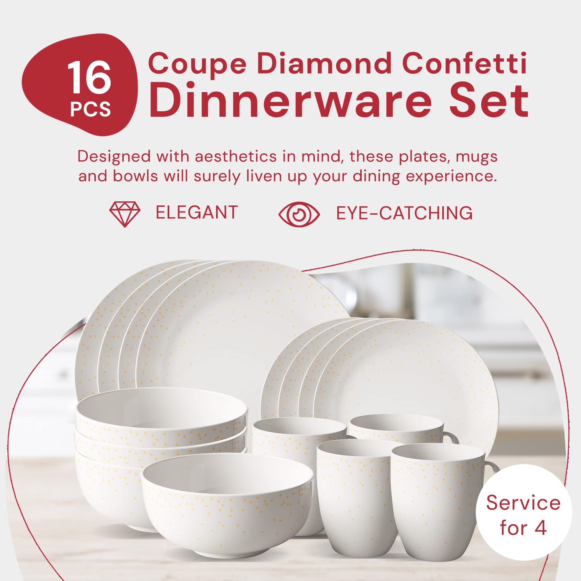 Safdie & Co. 16-Piece Diamond Confetti Dinnerware Set - Modern Plates, Bowls & Mugs for Indoor/Outdoor Use | Dishwasher Safe | Perfect for Parties, Daily Meals & Entertaining