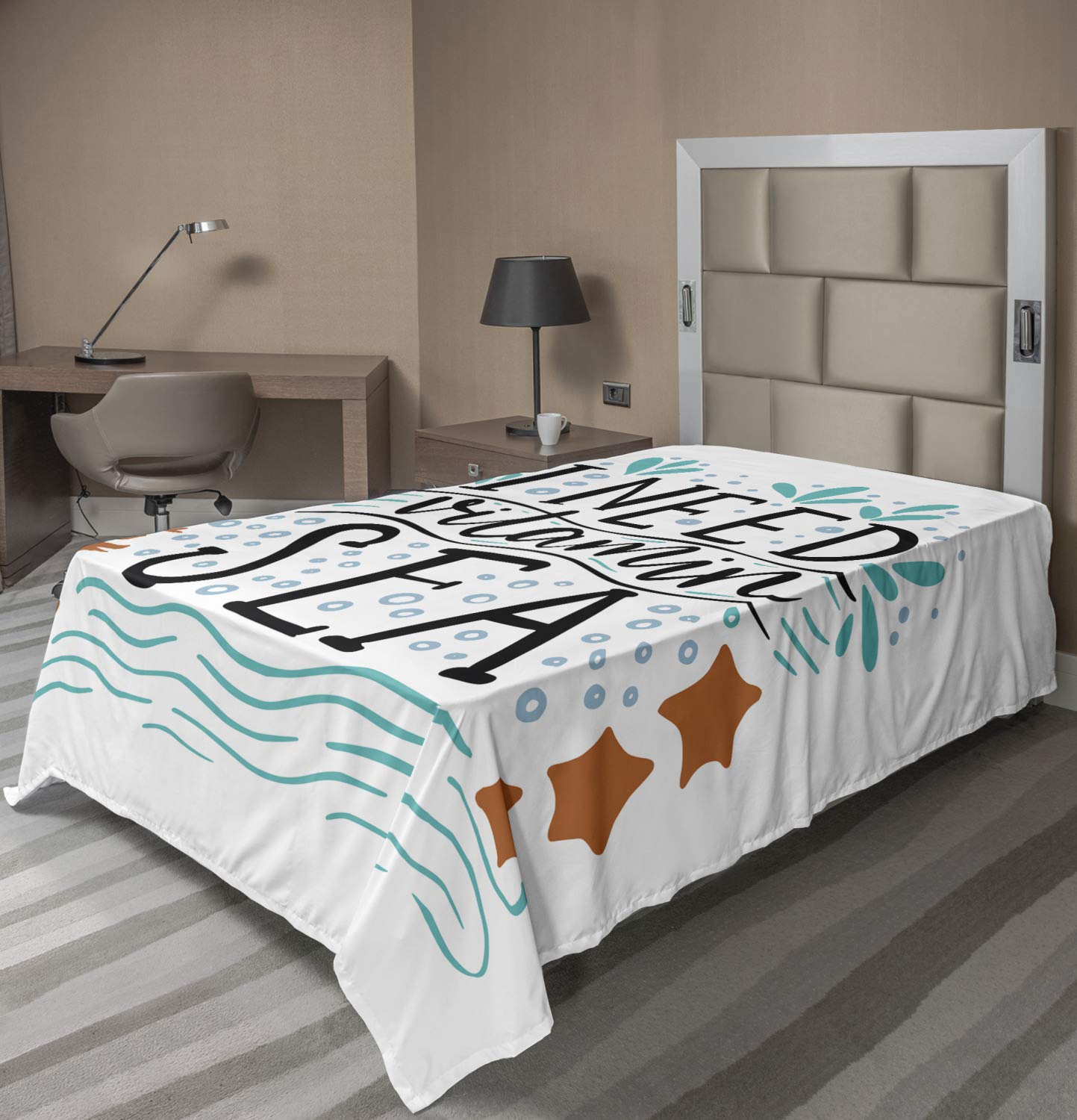 Ambesonne Vitamin Sea Inspirational Beach Themed Flat Sheet - Hand Drawn Coral Waves, Starfish & Bubbles Design - Soft Twin Size Decorative Top Sheet - Perfect for Coastal Bedrooms, Beach House Decor & Summer Themed Bedding