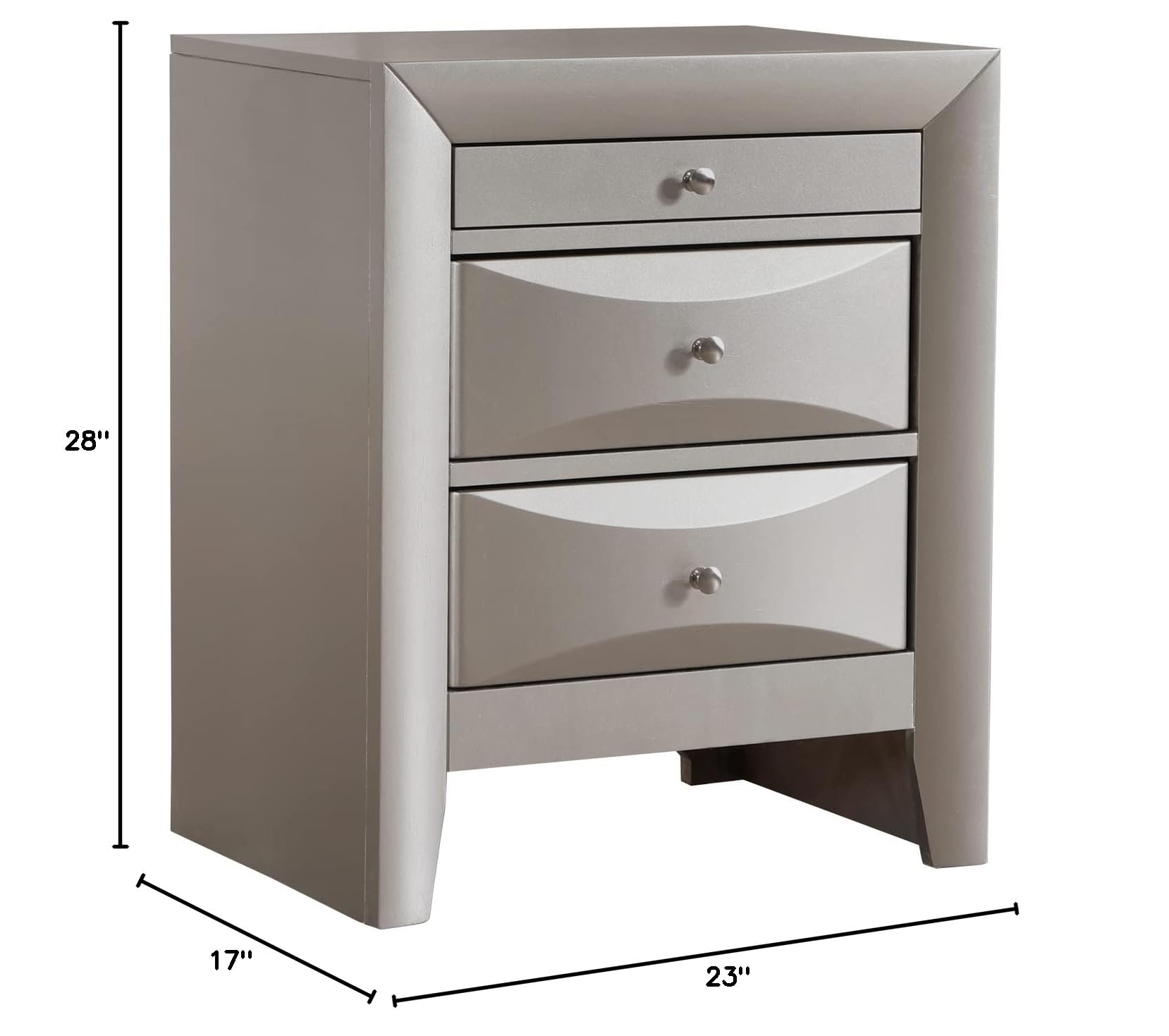Glory Furniture Marilla 3-Drawer Wood Nightstand with Silver Finish - Perfect for Bedroom Storage & Modern Home Decor