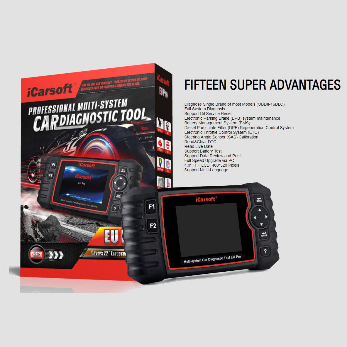 iCarsoft OBD II Diagnostic Scanner Tool EU Pro - Professional Car Code Reader for European Vehicles, Engine Fault Scanner for DIY Auto Repair & Maintenance