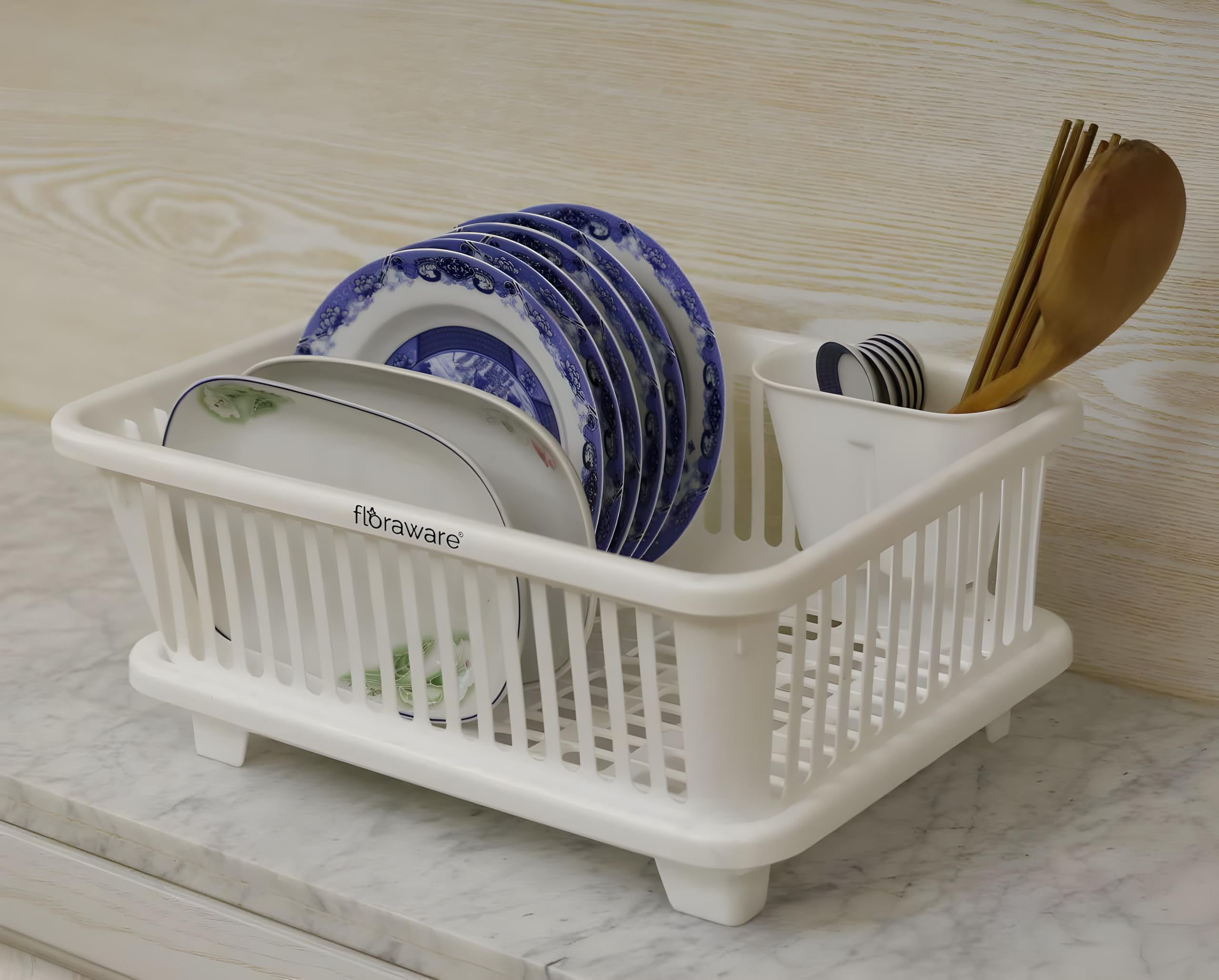 Floraware 3-in-1 Large Glossy Plastic Utensil Basket - Durable, Lightweight & Unbreakable Modular Design with Spoon Holder & Removable Dish Drainer - Kitchen Organizer & Drying Rack (White) - Perfect for Small Kitchens, RVs & Apartment Dish Organization