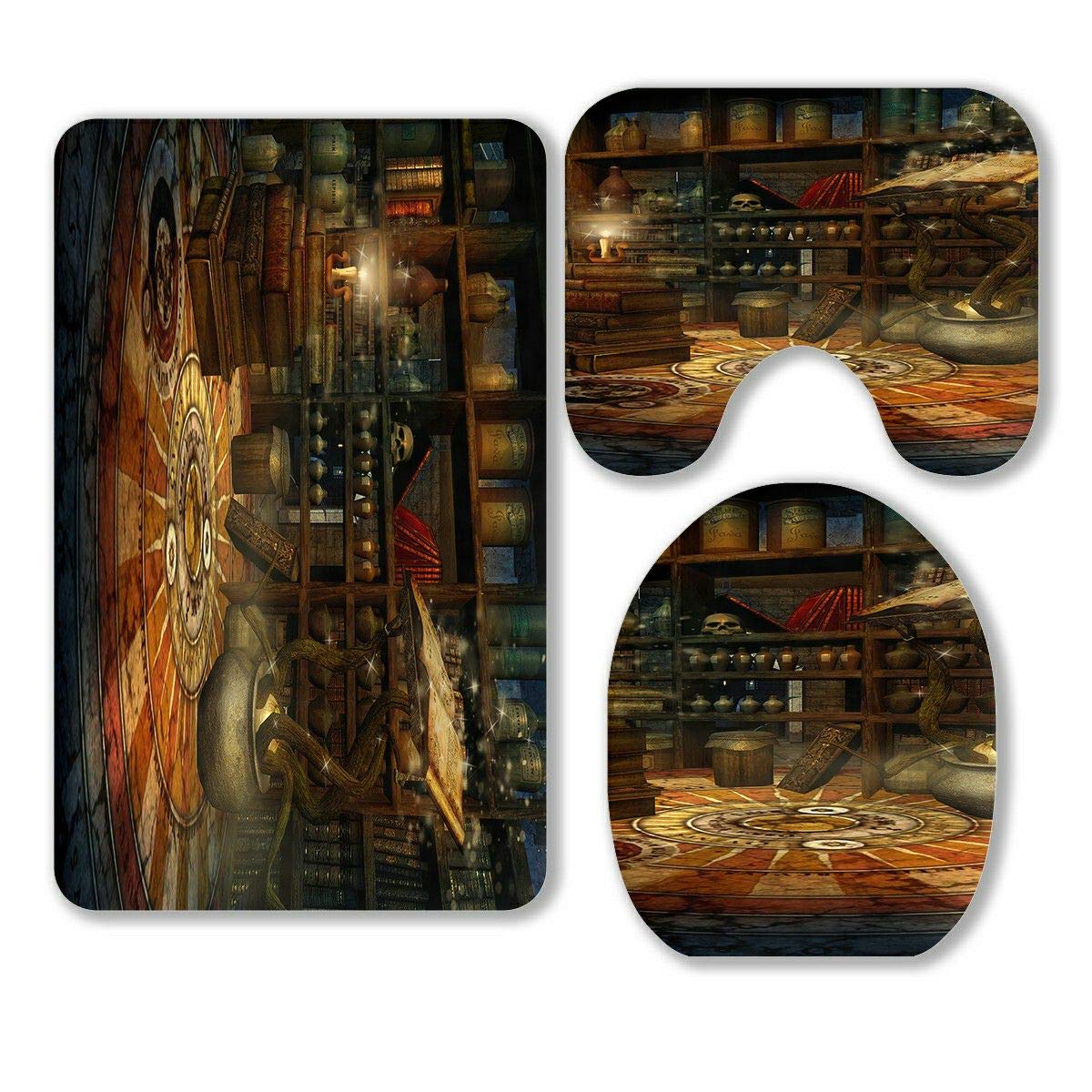 Fantasy Magic Book Potions & Candles 3-Piece Bathroom Rug Set - Non-Slip Contour Mat & Toilet Lid Cover for Themed Decor, Witchy Aesthetic, and Cozy Bathroom Makeover