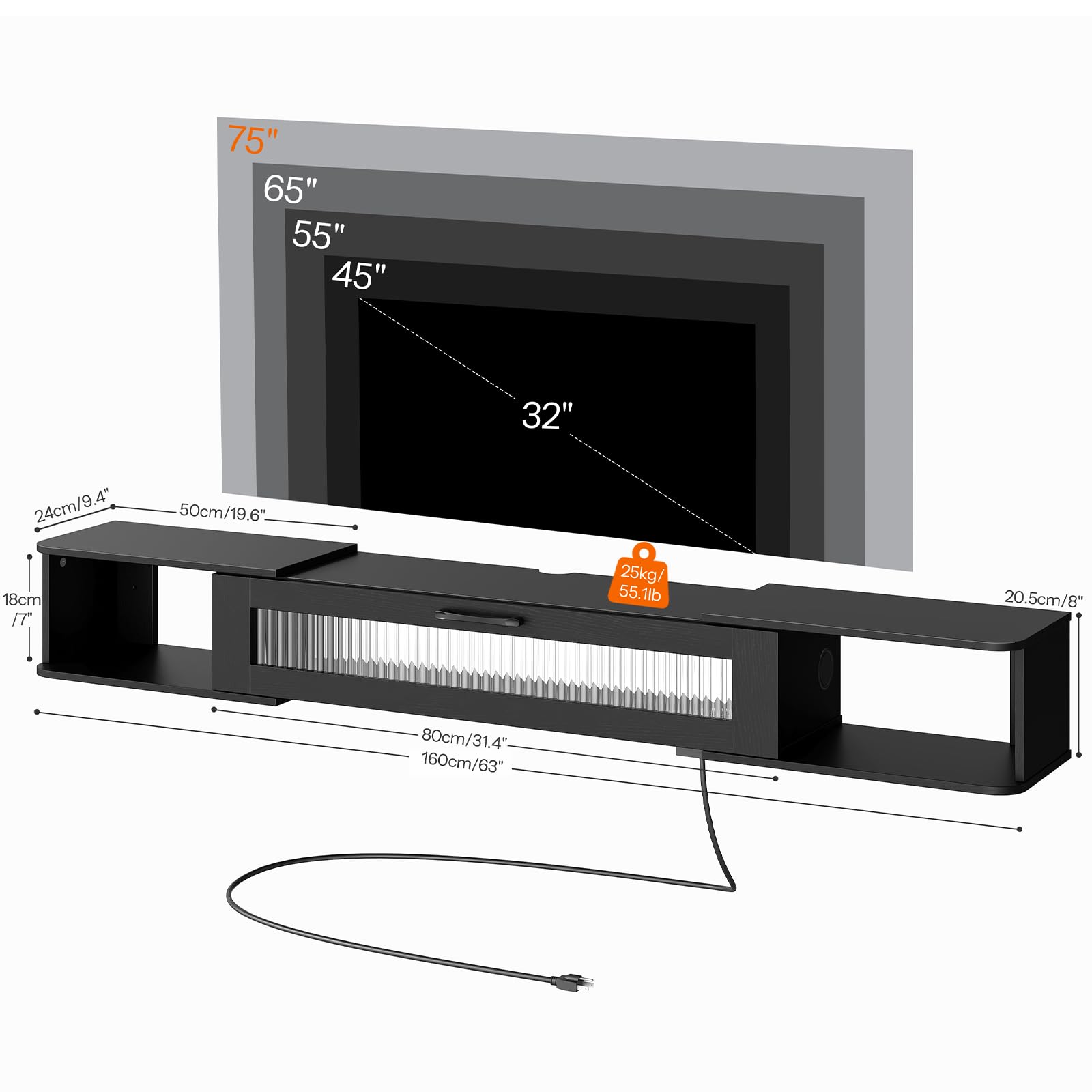 HOOBRO Floating TV Stand with LED Lights & Power Outlet for 75