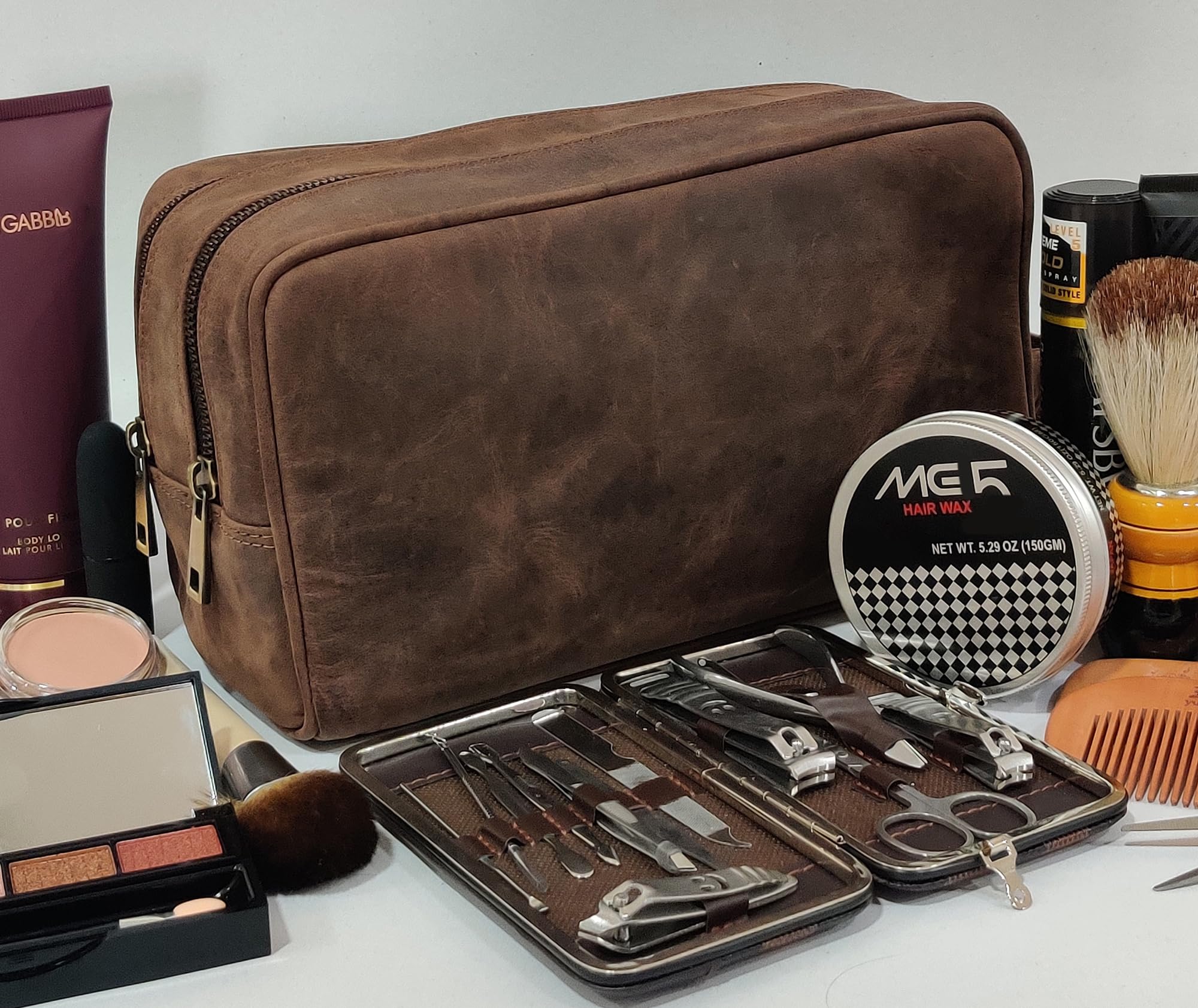 Premium Full Grain Leather Travel Toiletry Bag - Rustic Town Dopp Kit Organizer for Men & Women (Dark Brown) - Perfect for Camping, Business Trips & Vacation Essentials Storage