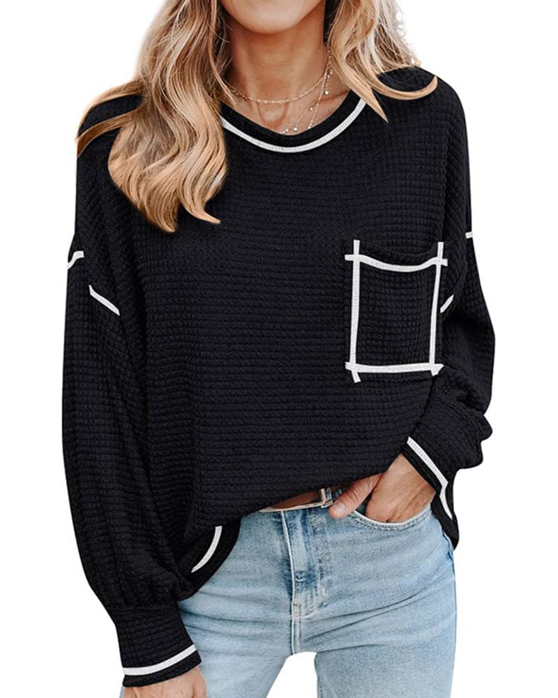 UTCoco Women's Waffle Knit Sweater Shirt - Drop Shoulder Long Sleeve Loose Fit Top with Pocket | Casual Fall Winter Outfits, Layering Essential, Coffee Date & Weekend Wear