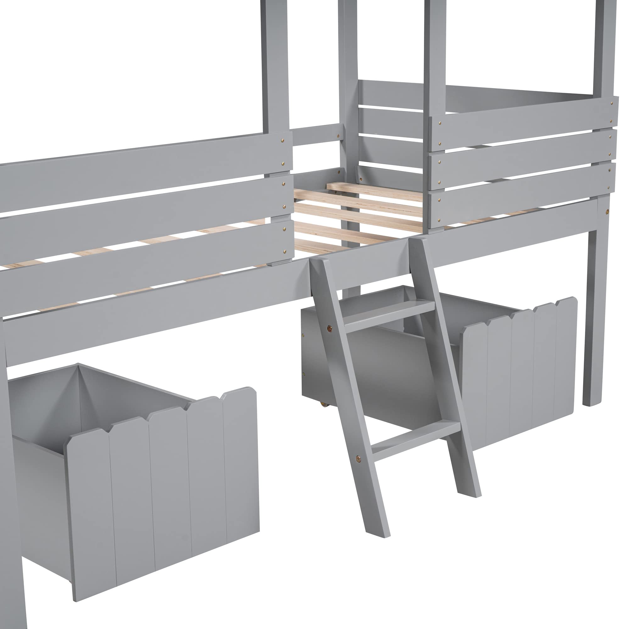 Harper & Bright Designs Twin Size Wood Loft House Bed with 2 Drawers, Storage, Ladder & Roof - Grey Kids & Teens Bed Frame with Windows, No Box Spring Needed - Perfect for Small Bedrooms, Dorm Rooms & Kids' Play Areas
