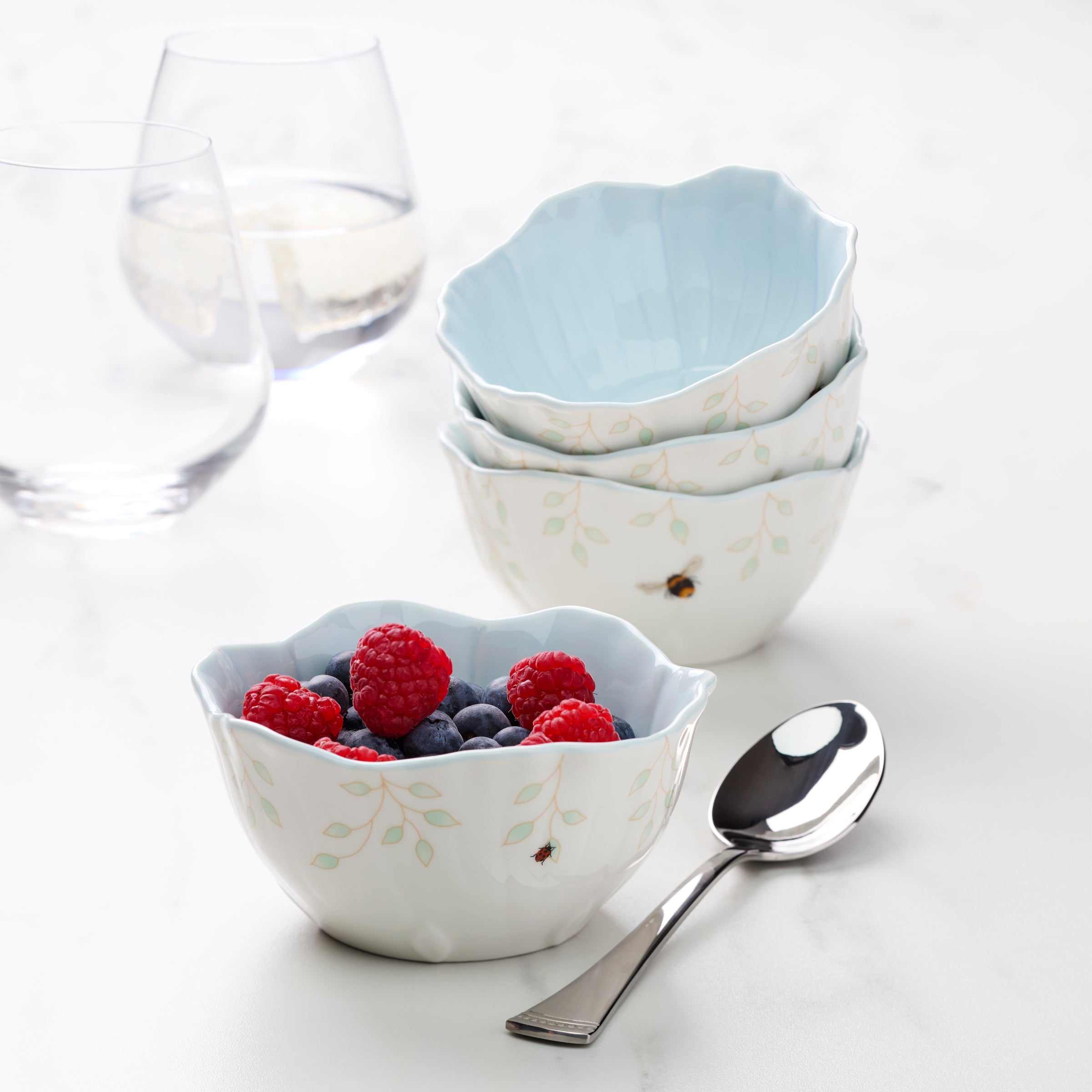 Butterfly Meadow Floral Blue Dessert Bowls Set of 4 - Elegant Porcelain Serving Dishes for Ice Cream, Pudding & Party Desserts - Perfect for Home Dining & Entertaining