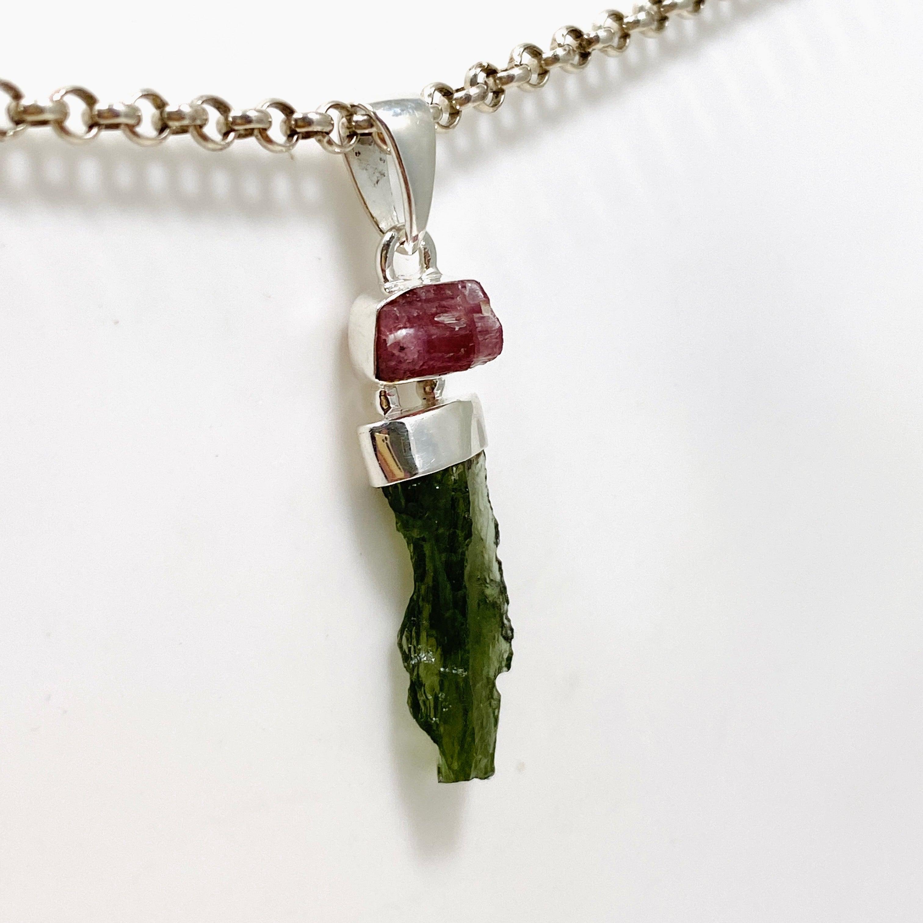Natural Moldavite & Pink Tourmaline Pendant Necklace CGJ 04 - Spiritual Healing Jewelry for Meditation & Energy Protection