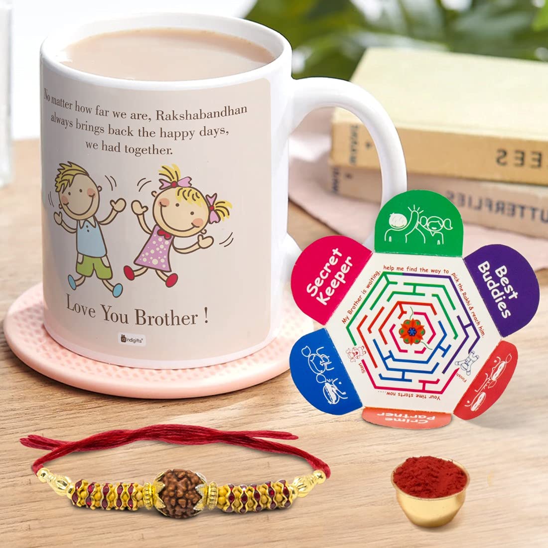 Indigifts 330ml Coffee Mug with Rudraksh Rakhi - Ceramic Tea Cup for Brother Sister Love, Beige Designer Gift Mug | Perfect for Rakhi Festival, Sibling Appreciation & Daily Coffee/Tea Use
