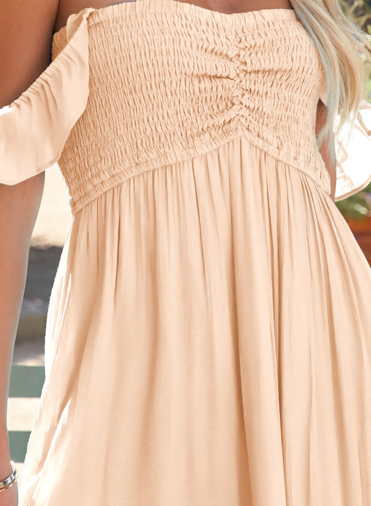 Happy Sailed Women's 2025 Summer Smocked Off-The-Shoulder Maxi Dress with Ruffle Short Sleeves & A-Line Side Slit - Beach Wedding, Vacation Sundress for Tropical Getaways & Date Nights