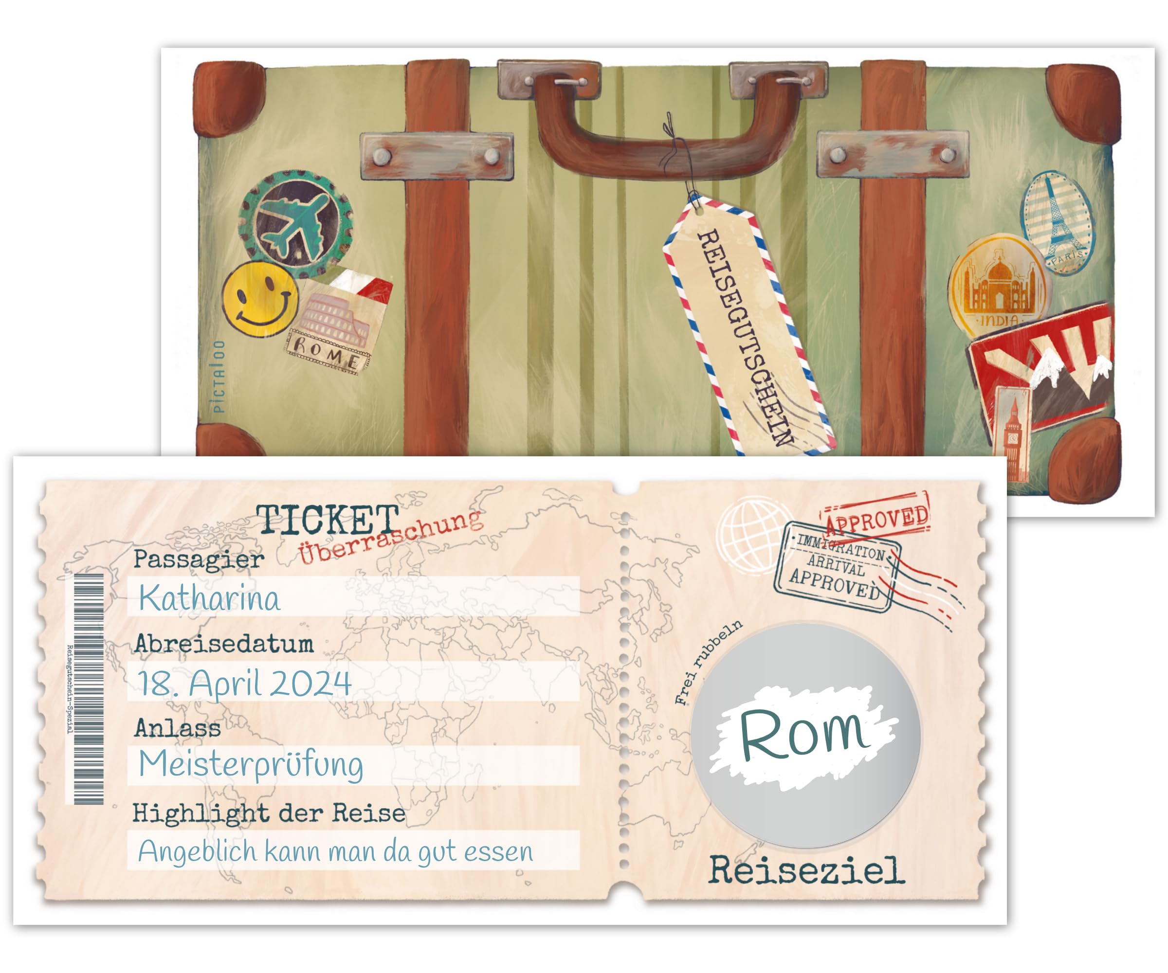 PICTALOO Personalized Travel Voucher Gift Card with Scratch Sticker - Unique Holiday & Flight Ticket Surprise for Birthdays, Anniversaries & Special Occasions - Perfect Money Gift for Travel Lovers